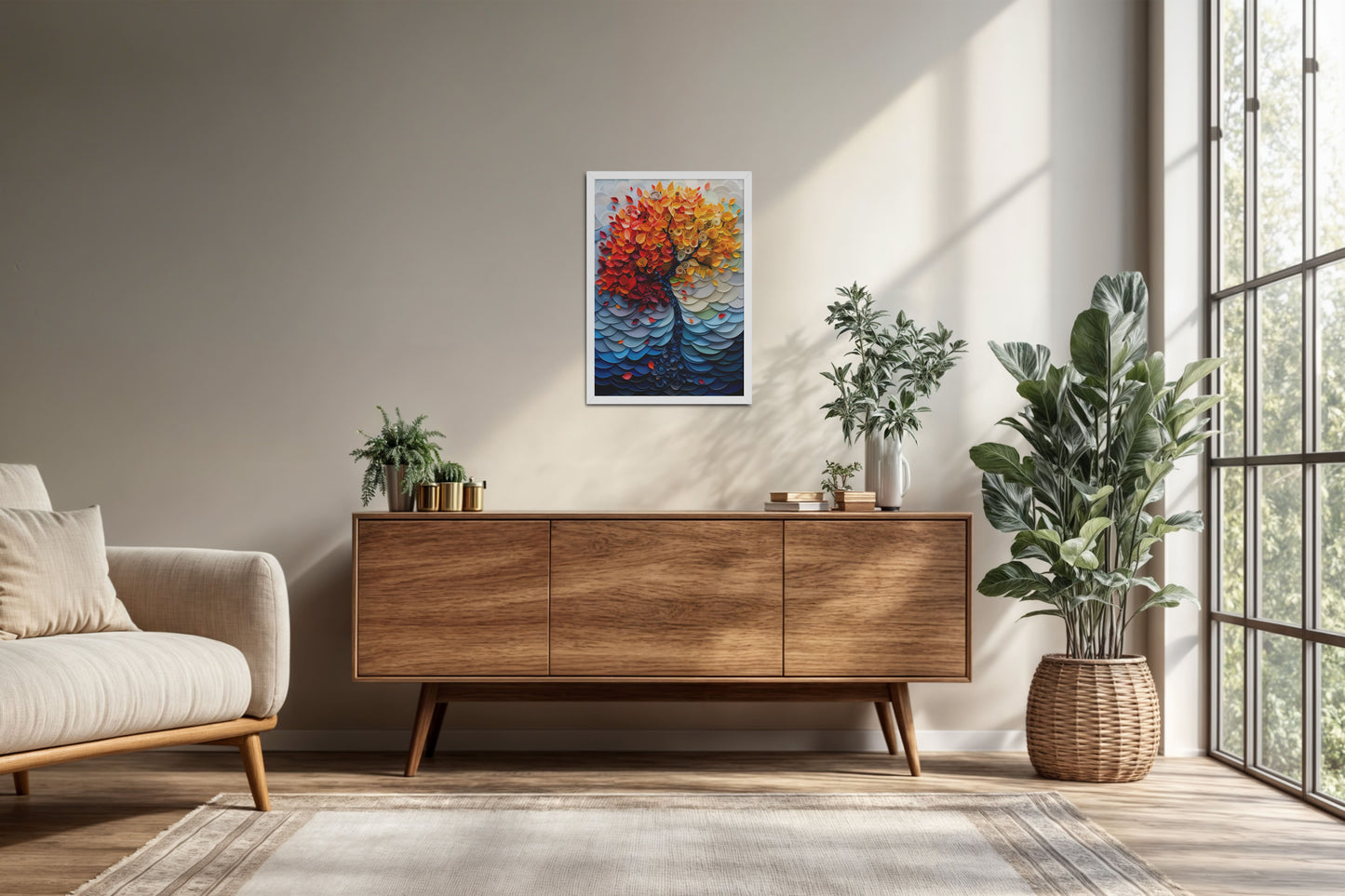 Living Room Cabinet Preview of Radiant Growth – Colorful Leaves Tree Wall Art Frame in White Color Frame