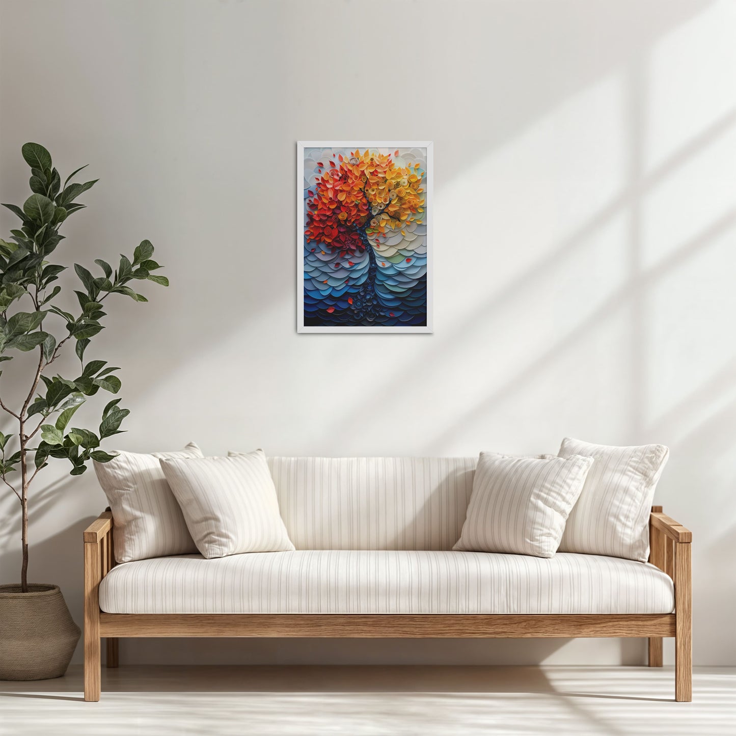 Living Room Cabinet Table Preview of Radiant Growth – Colorful Leaves Tree Wall Art Frame in White Color Frame