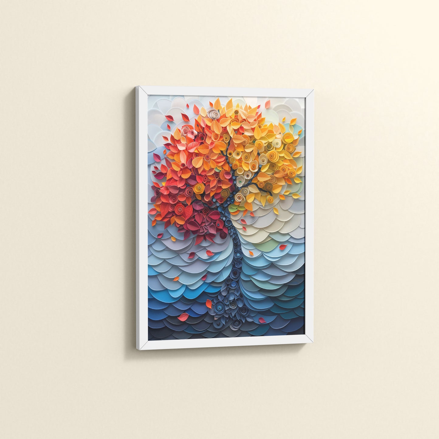 Side View of Radiant Growth – Colorful Leaves Tree Wall Art Frame in White Color Frame
