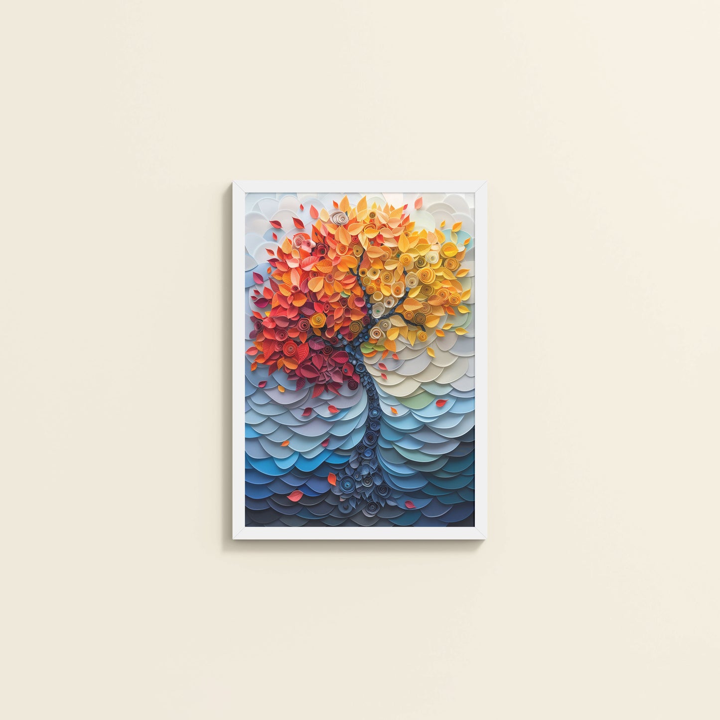 Wall View of Radiant Growth – Colorful Leaves Tree Wall Art Frame in White Color Frame