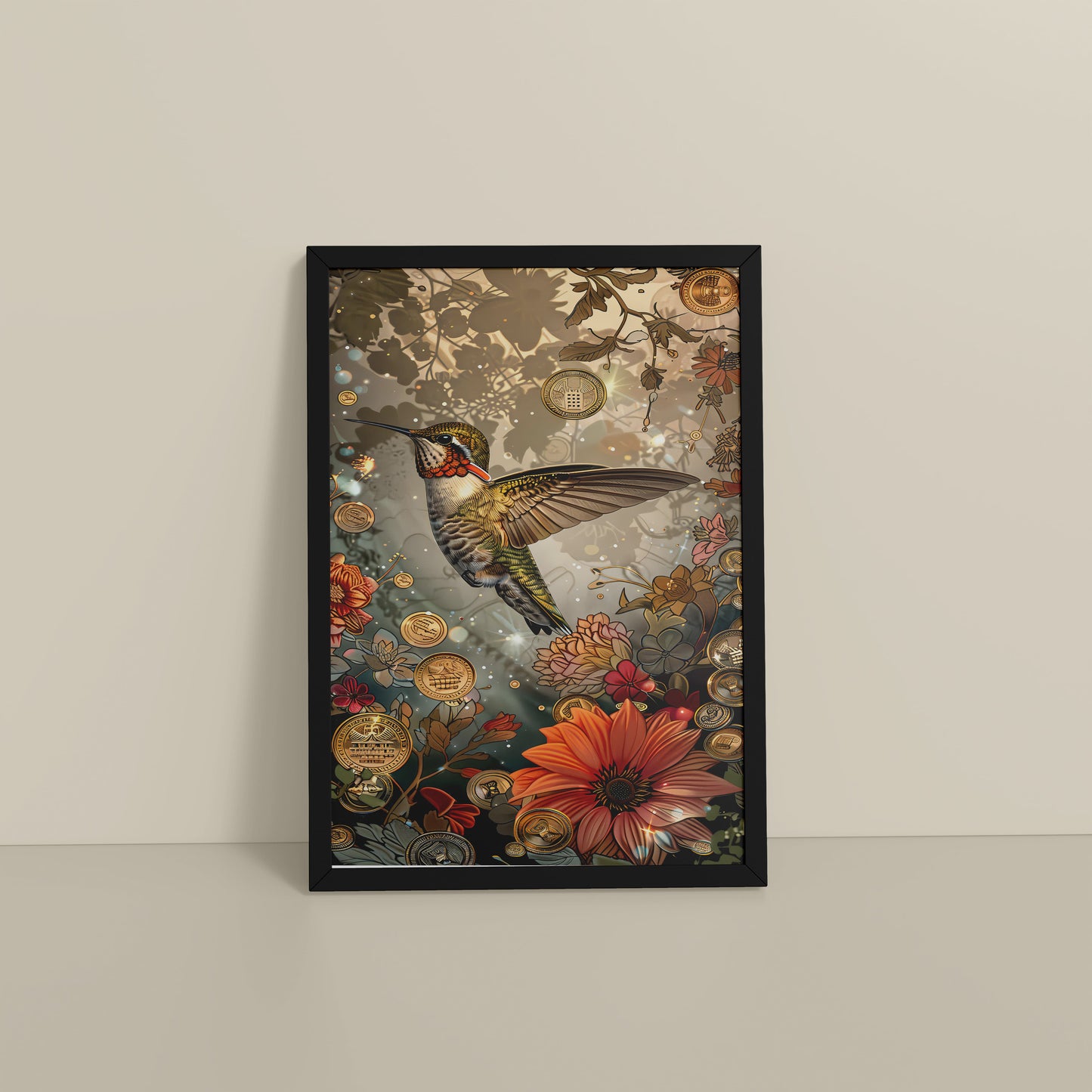 Floor View of Nature’s Beauty – Hummingbird & Floral Wall Decor in Black Color Frame