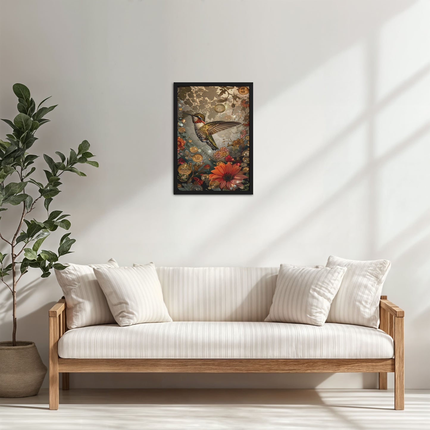 Living Room Cabinet Table Preview of Nature’s Beauty – Hummingbird & Floral Wall Decor in Black Color Frame