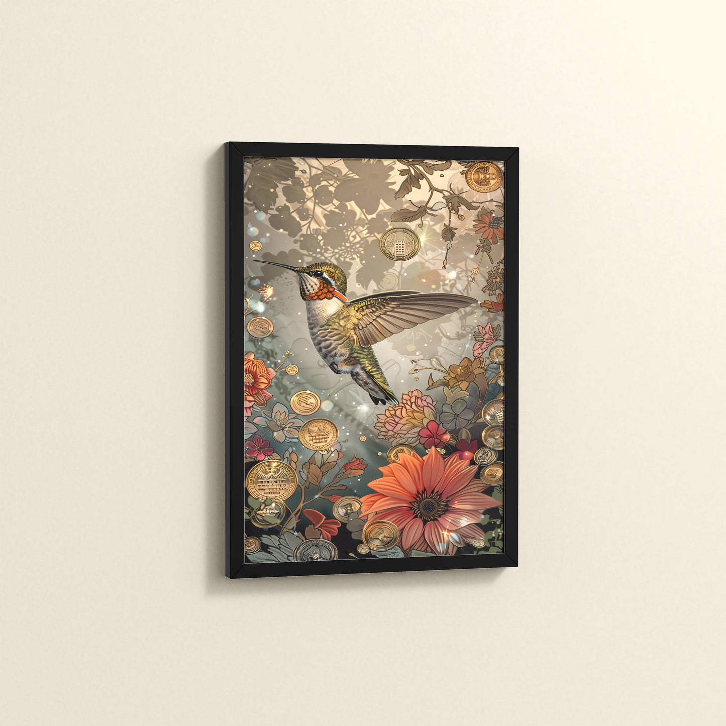 Side View of Nature’s Beauty – Hummingbird & Floral Wall Decor in Black Color Frame