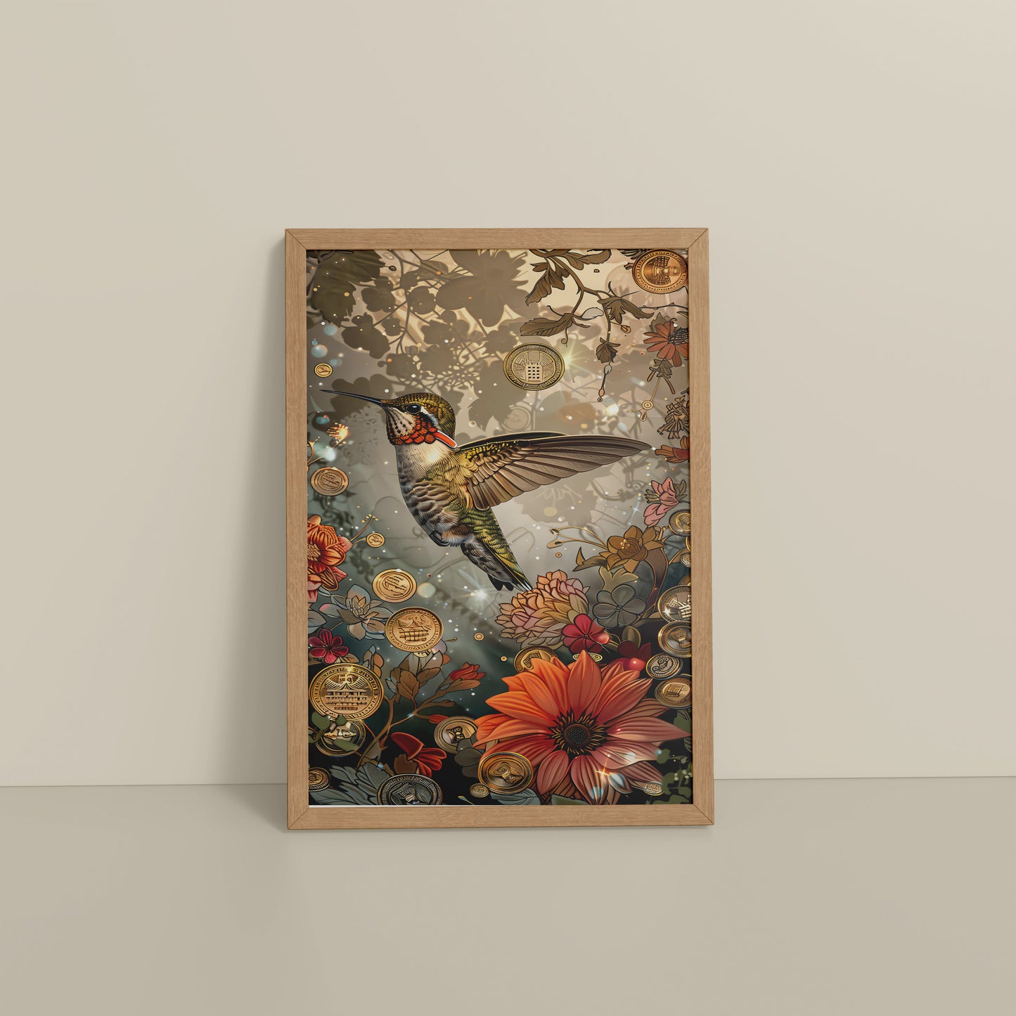 Floor View of Nature’s Beauty – Hummingbird & Floral Wall Decor in Natrual Color Frame