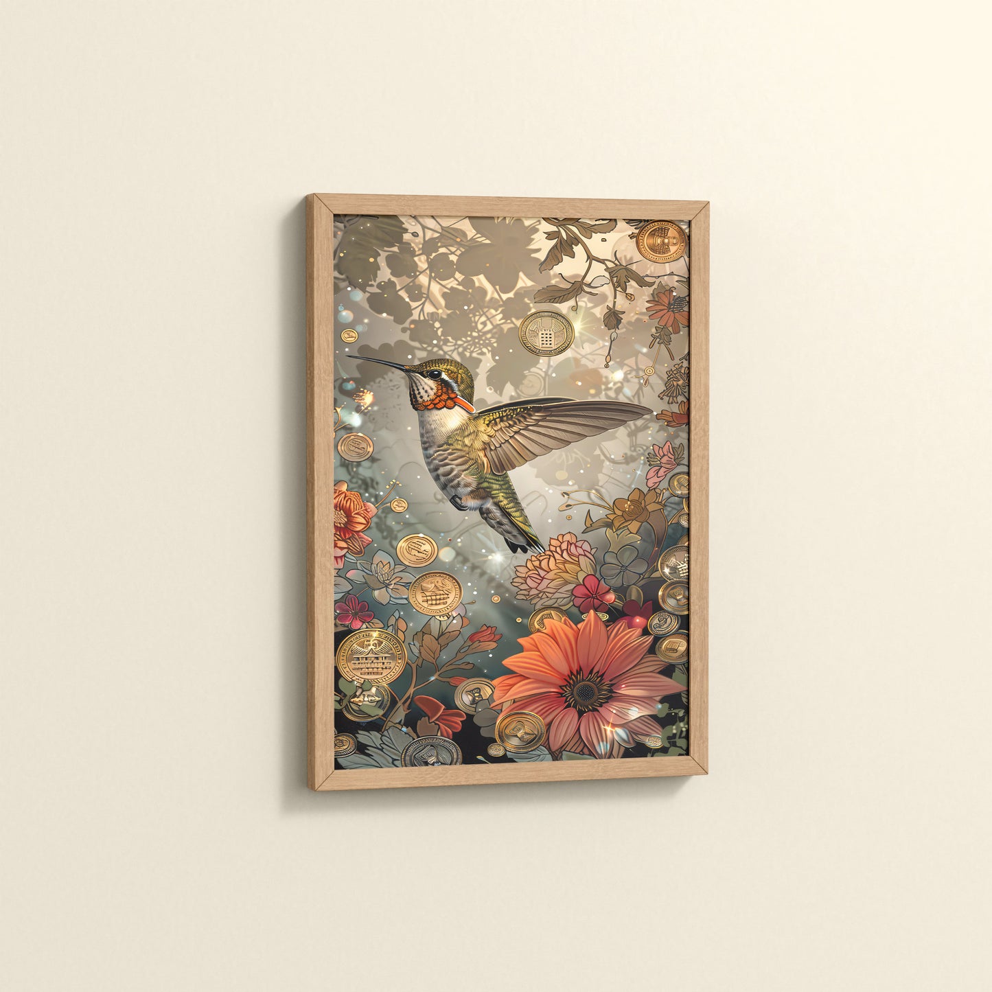 Side View of Nature’s Beauty – Hummingbird & Floral Wall Decor in Natrual Color Frame