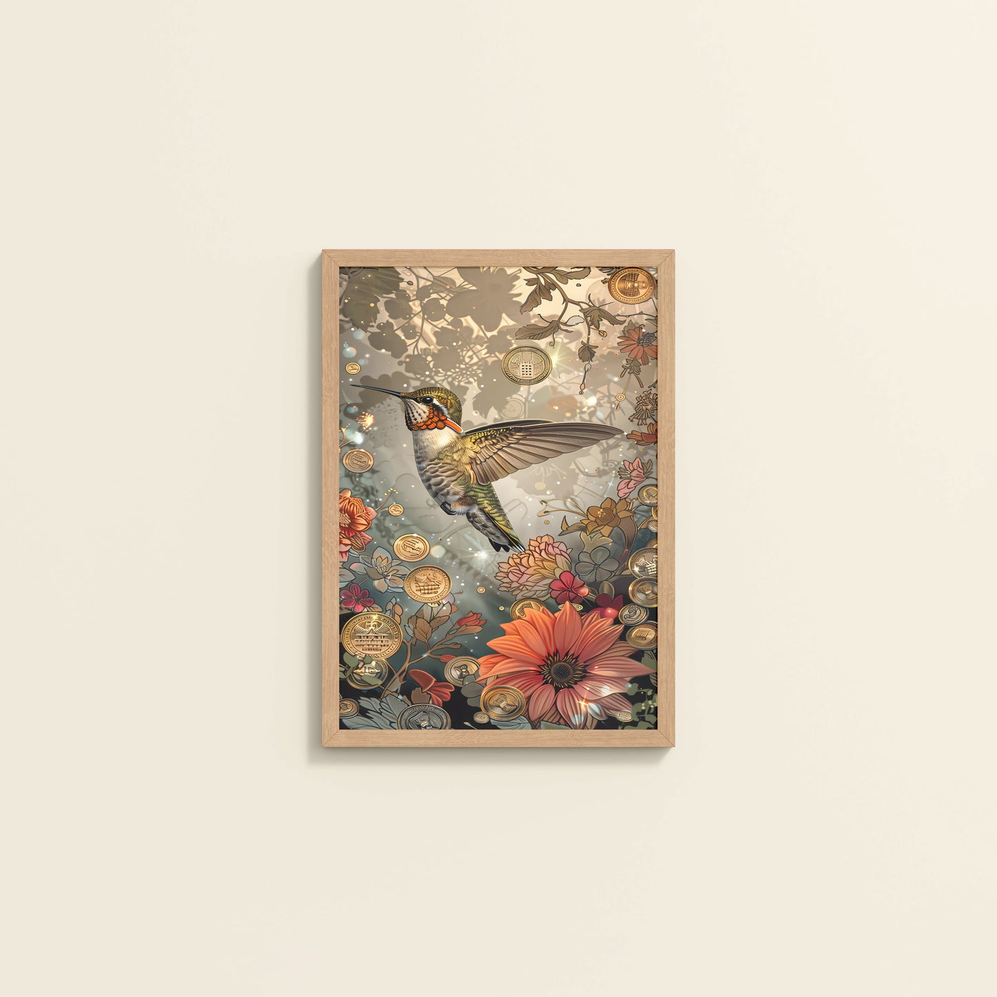 Wall View of Nature’s Beauty – Hummingbird & Floral Wall Decor in Natrual Color Frame