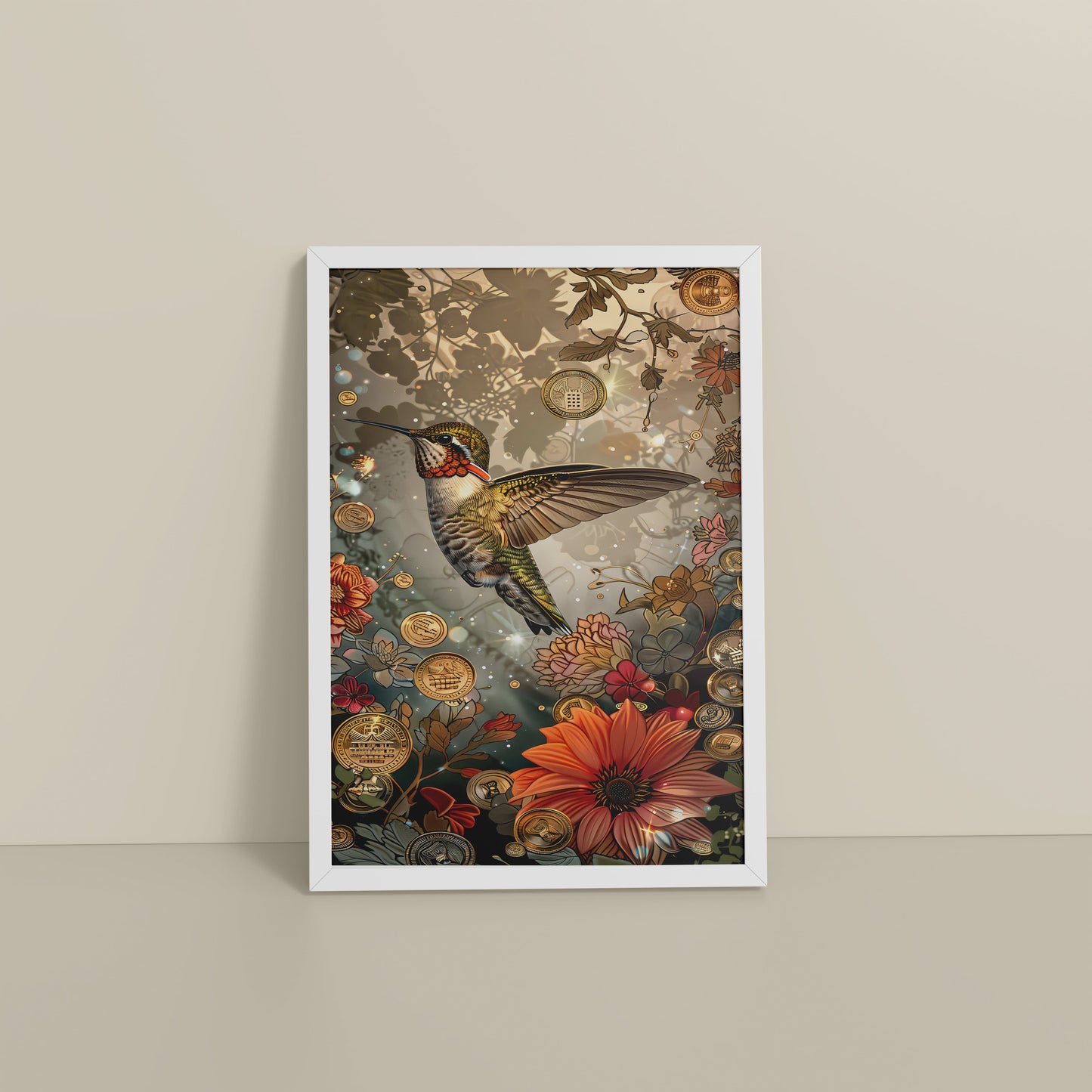 Floor View of Nature’s Beauty – Hummingbird & Floral Wall Decor in White Color Frame