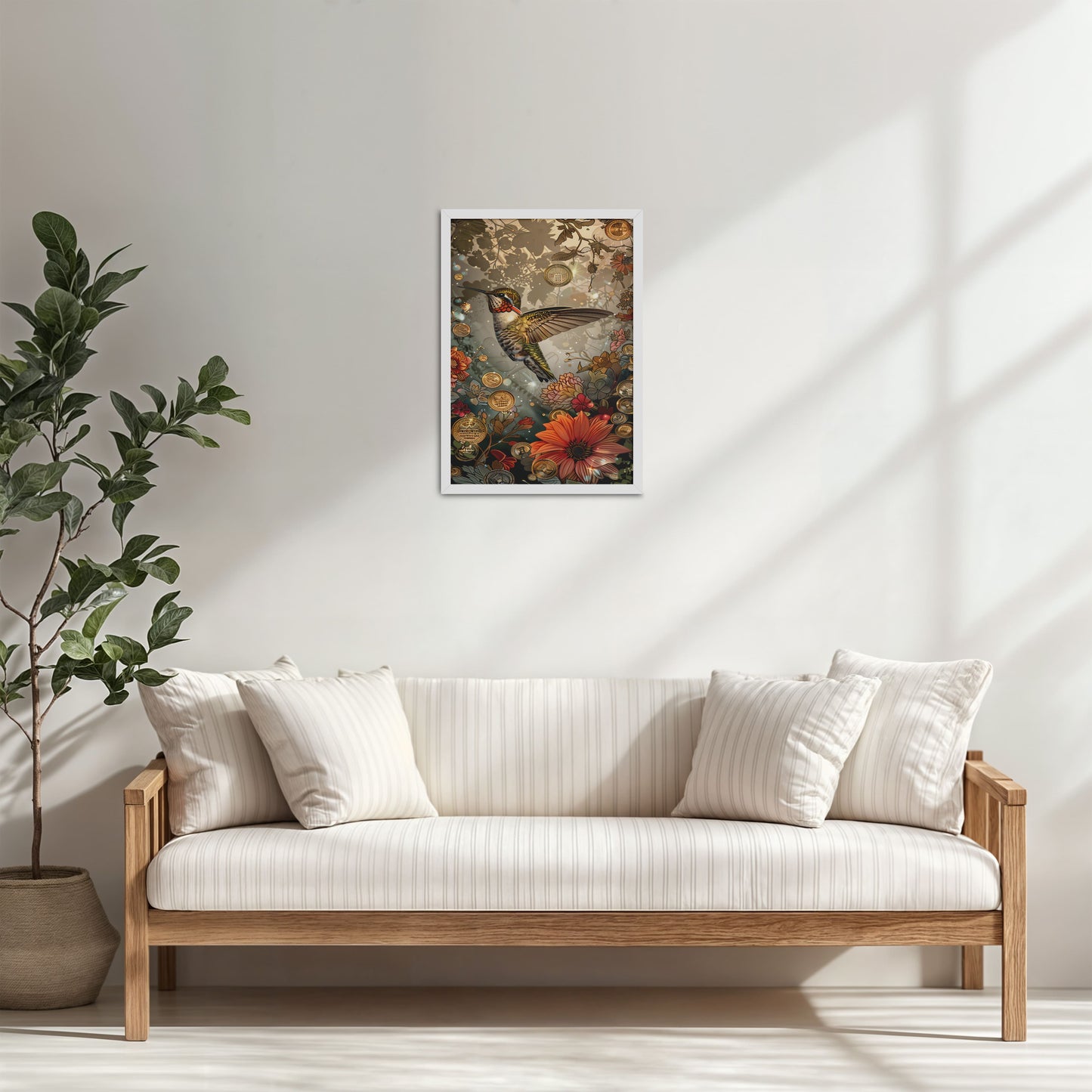 Living Room Cabinet Table Preview of Nature’s Beauty – Hummingbird & Floral Wall Decor in White Color Frame