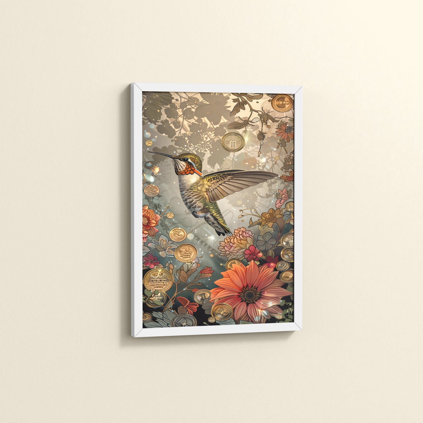 Side View of Nature’s Beauty – Hummingbird & Floral Wall Decor in White Color Frame