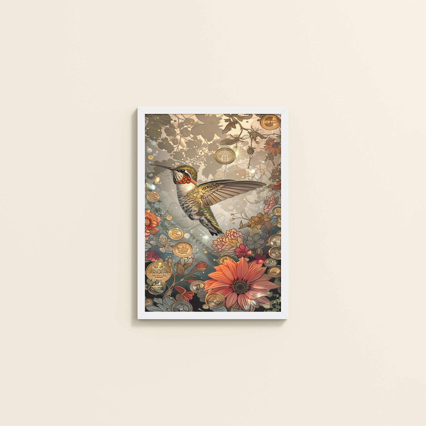 Wall View of Nature’s Beauty – Hummingbird & Floral Wall Decor in White Color Frame