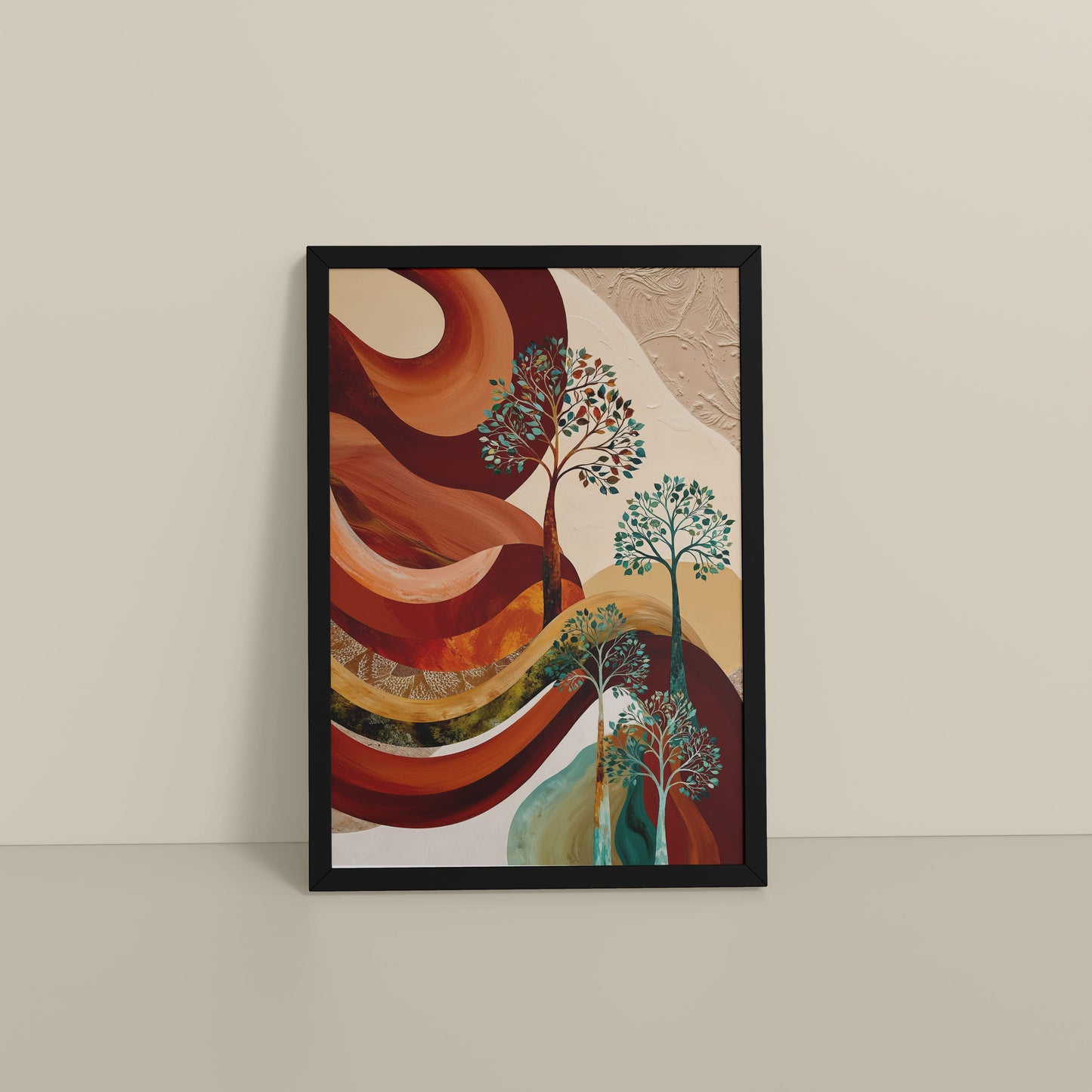 Floor View of Flourish in Color – Contemporary Tree Wall Art in Black Color Frame