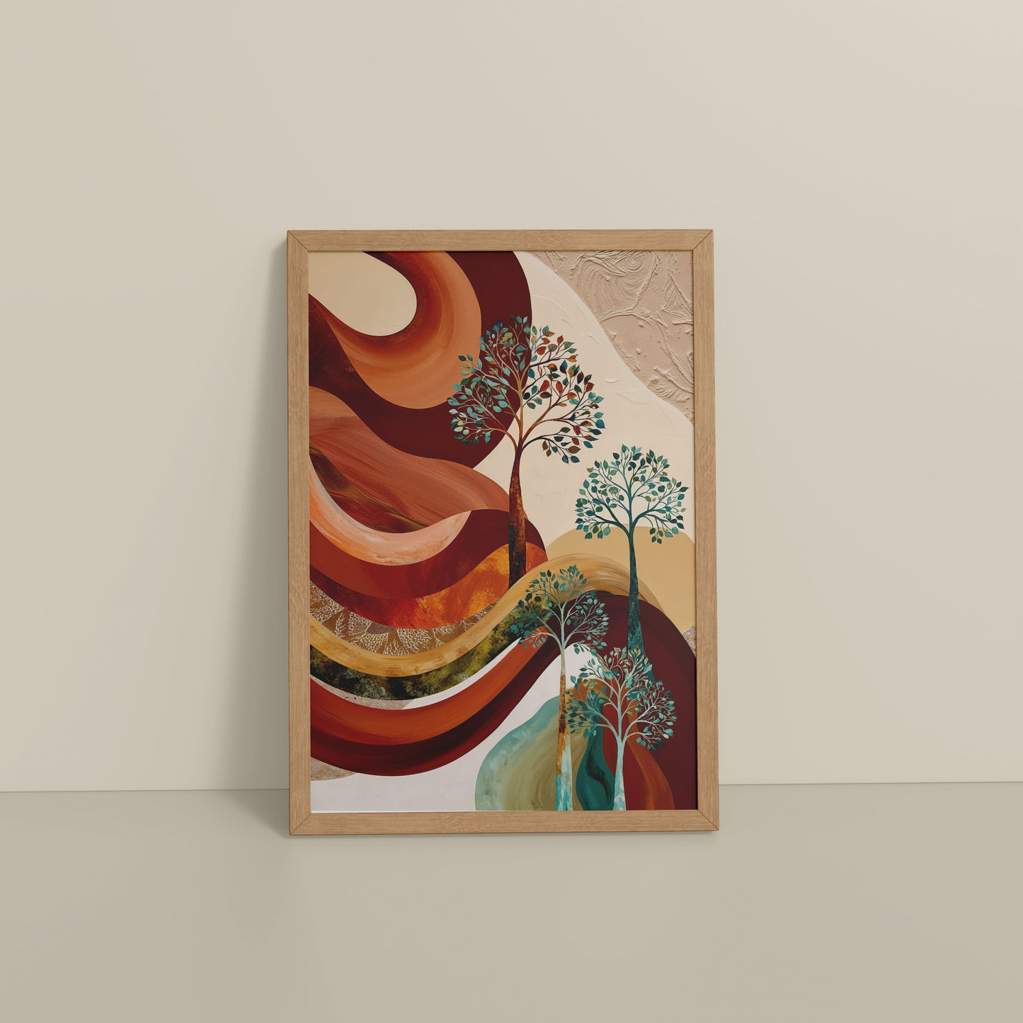 Floor View of Flourish in Color – Contemporary Tree Wall Art in Natrual Color Frame