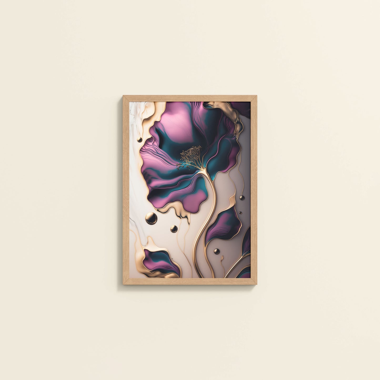 Wall View of Gilded Bloom – Modern Abstract Flower Art Frame in Natrual Color Frame