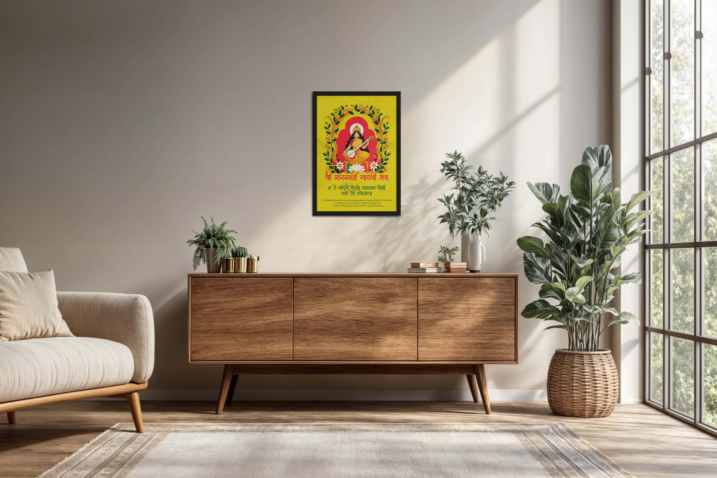 Living Room Cabinet Preview of Divine Wisdom – Shree Saraswati Gayatri Mantra Frame in Black Color Frame