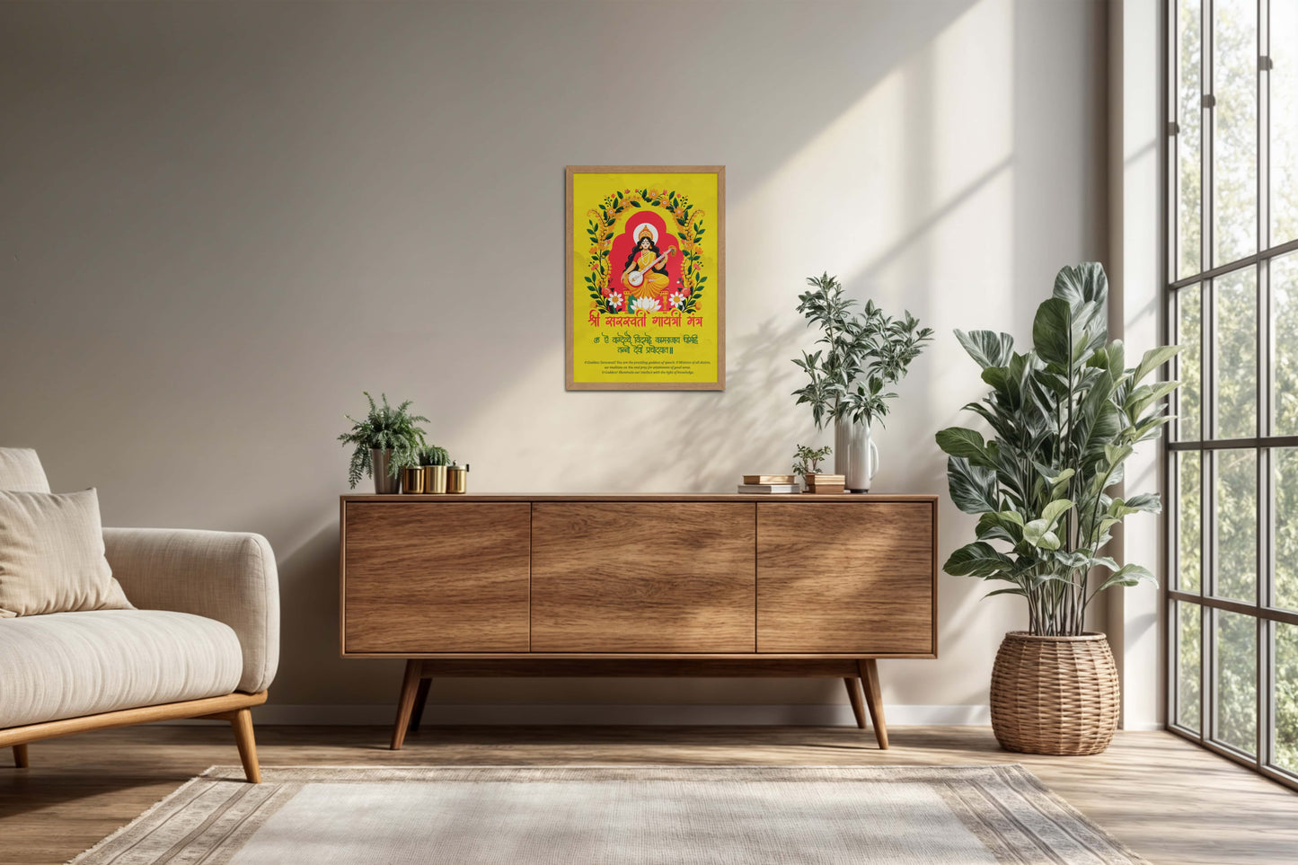Living Room Cabinet Preview of Divine Wisdom – Shree Saraswati Gayatri Mantra Frame in Natrual Color Frame