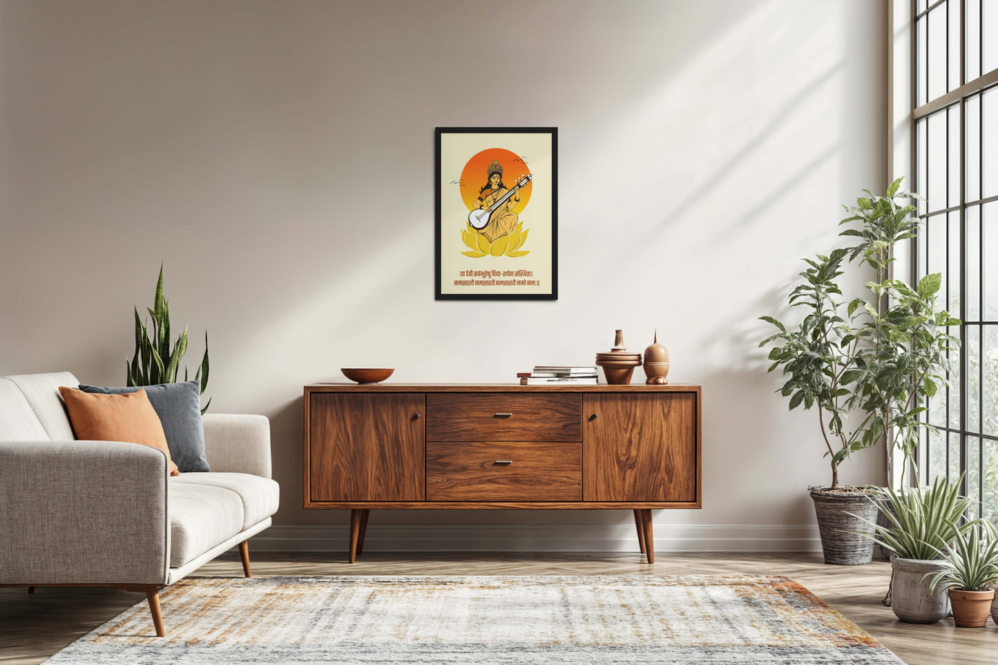 Living Room Sofa Preview of Eternal Knowledge – Goddess Saraswati Mantra Wall Frame in Black Color Frame
