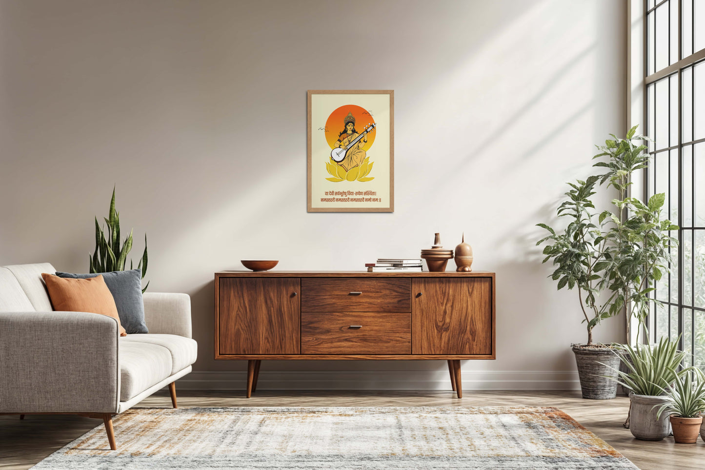 Living Room Sofa Preview of Eternal Knowledge – Goddess Saraswati Mantra Wall Frame in Natrual Color Frame