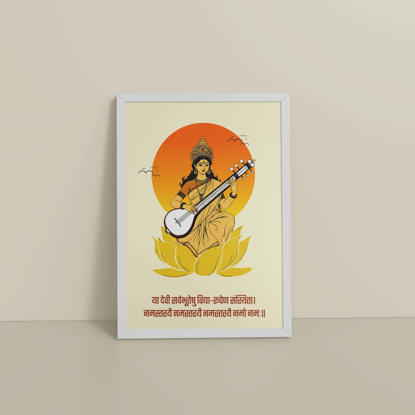 Floor View of Eternal Knowledge – Goddess Saraswati Mantra Wall Frame in White Color Frame