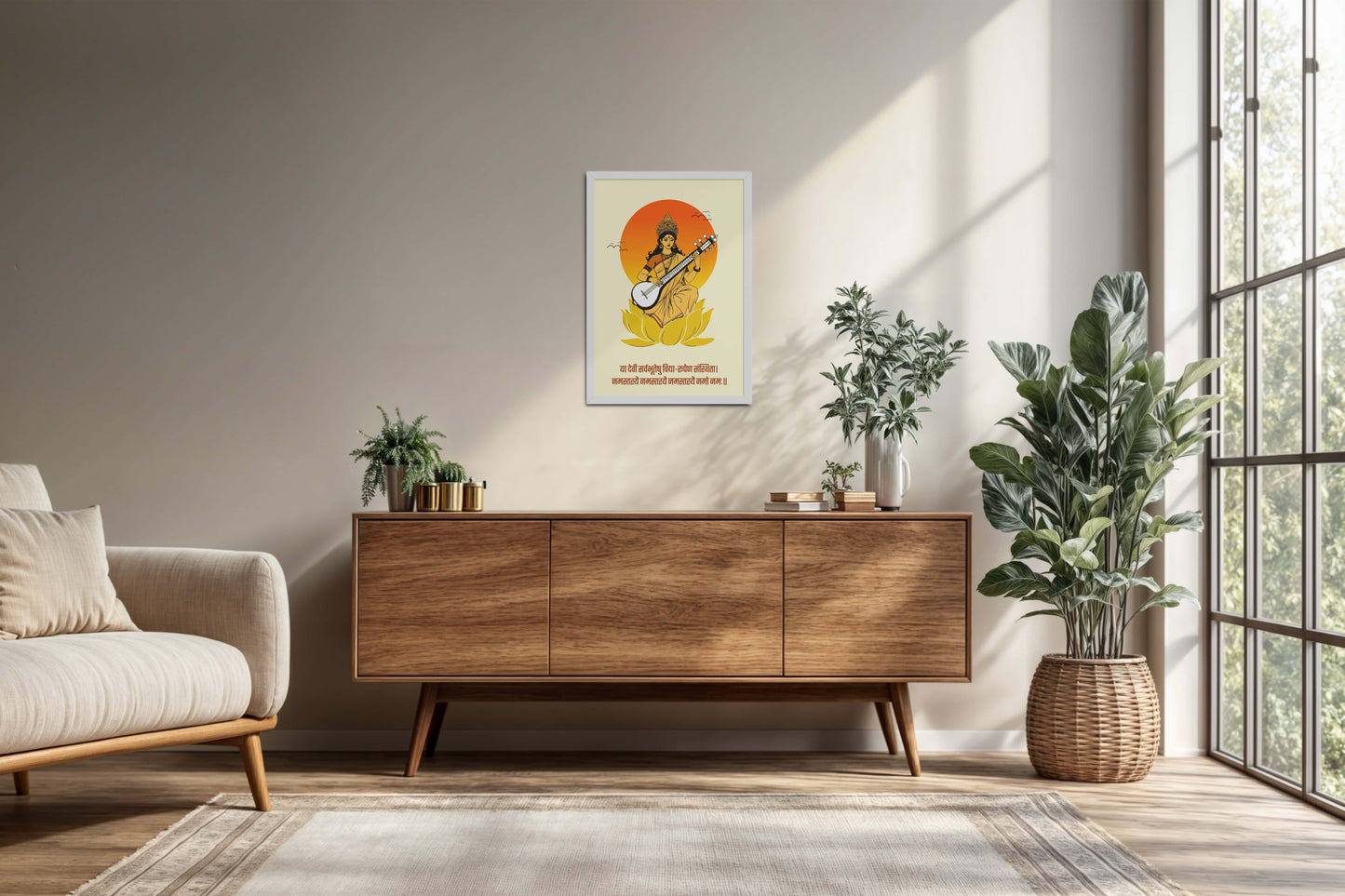 Living Room Cabinet Preview of Eternal Knowledge – Goddess Saraswati Mantra Wall Frame in White Color Frame