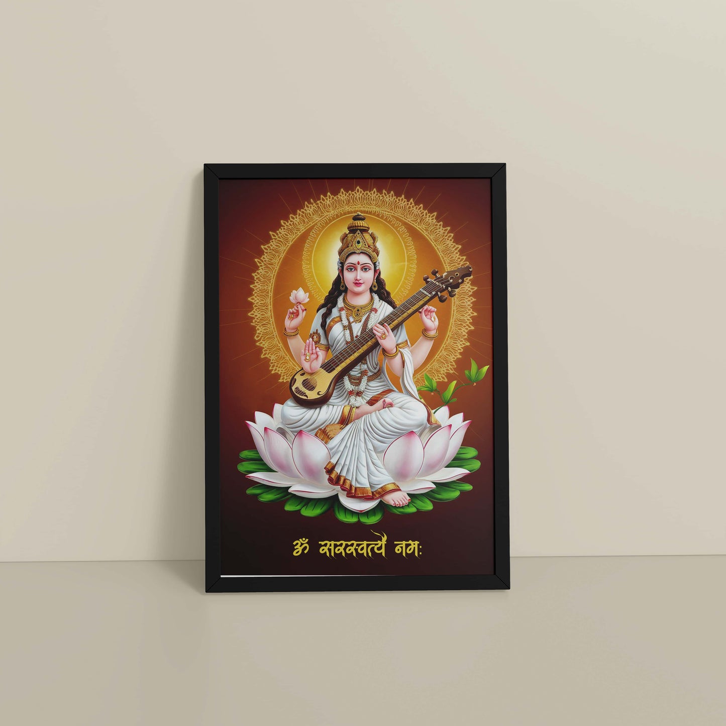 Floor View of Sacred Chant – Om Saraswatyey Namah Wall Frame in Black Color Frame