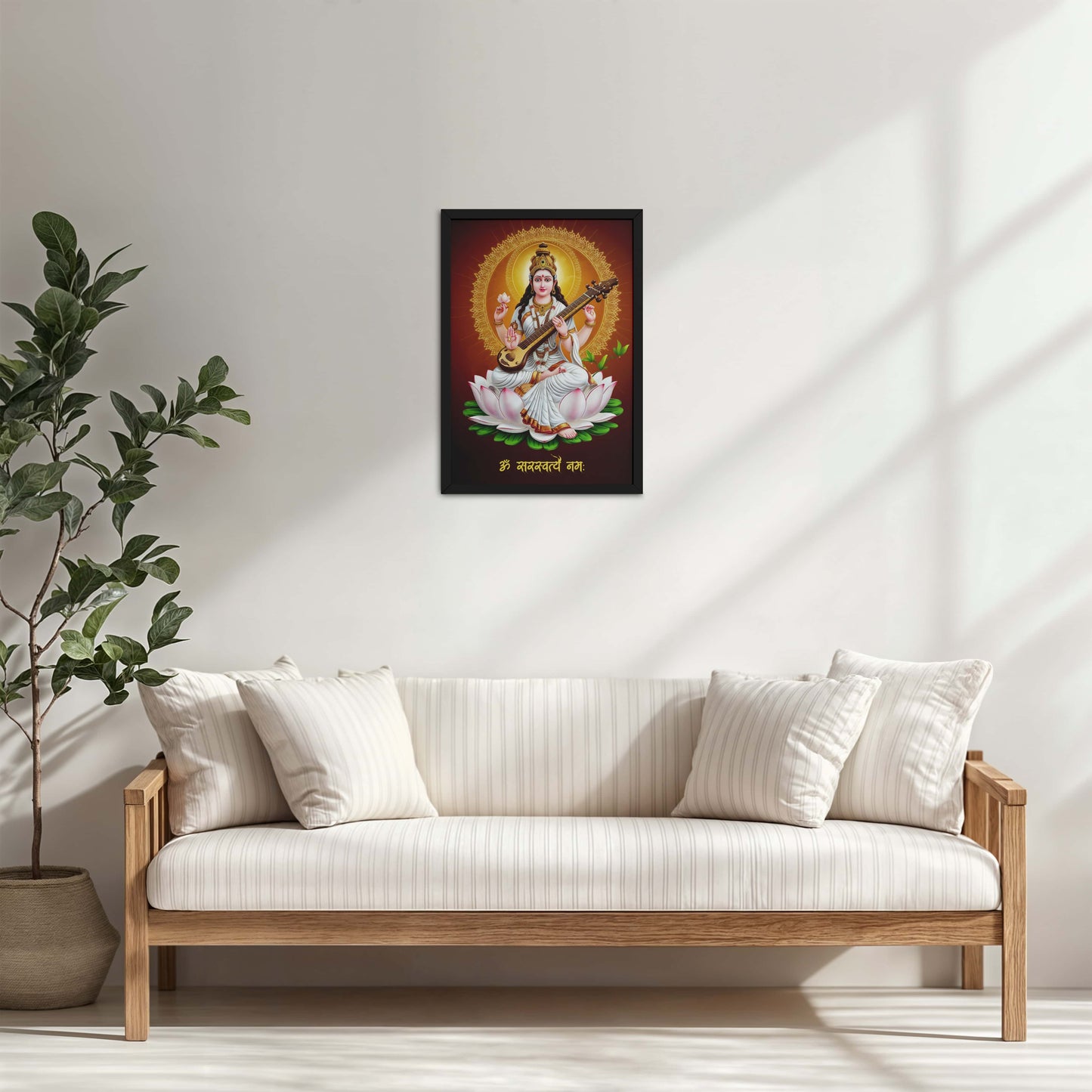 Living Room Cabinet Table Preview of Sacred Chant – Om Saraswatyey Namah Wall Frame in Black Color Frame