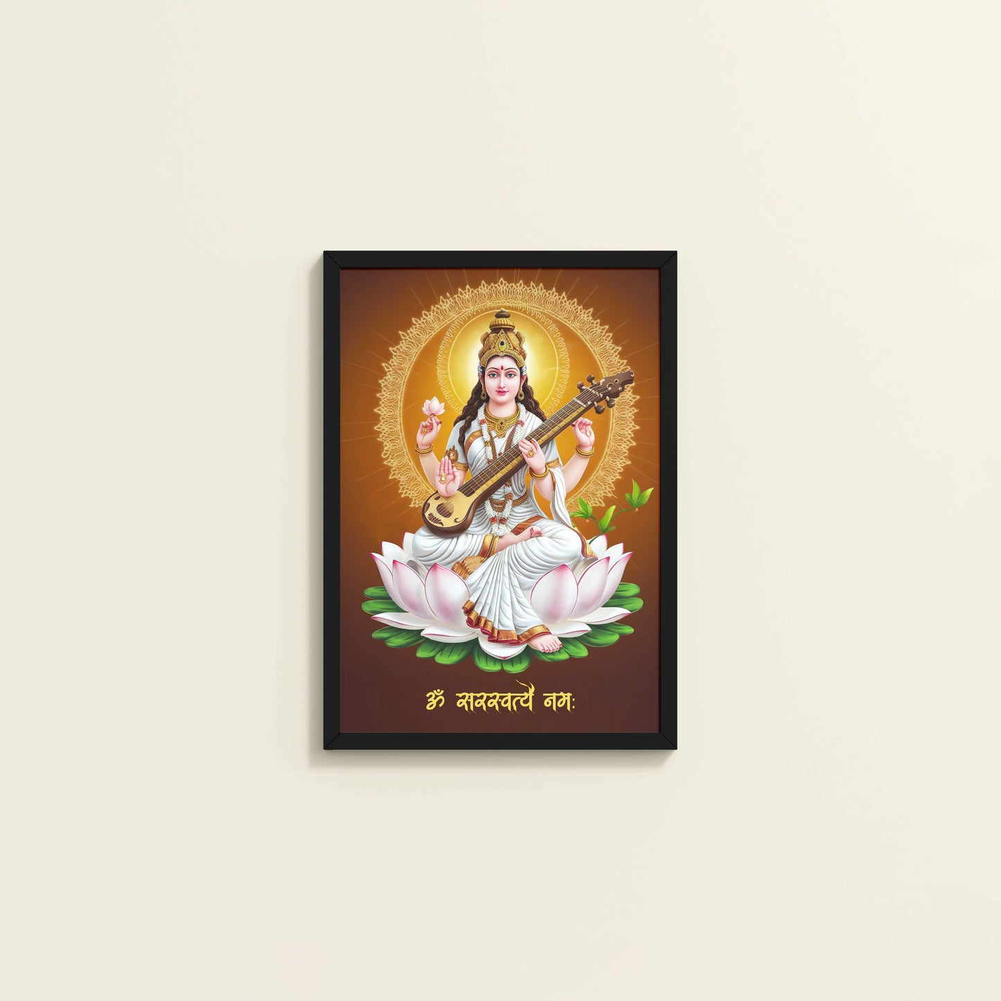 Wall View of Sacred Chant – Om Saraswatyey Namah Wall Frame in Black Color Frame
