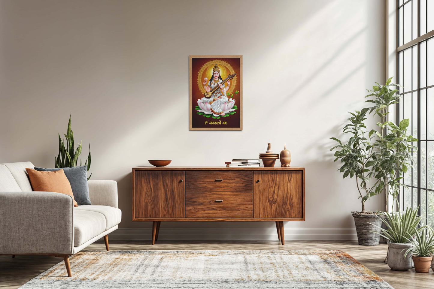 Living Room Sofa Preview of Sacred Chant – Om Saraswatyey Namah Wall Frame in Natrual Color Frame