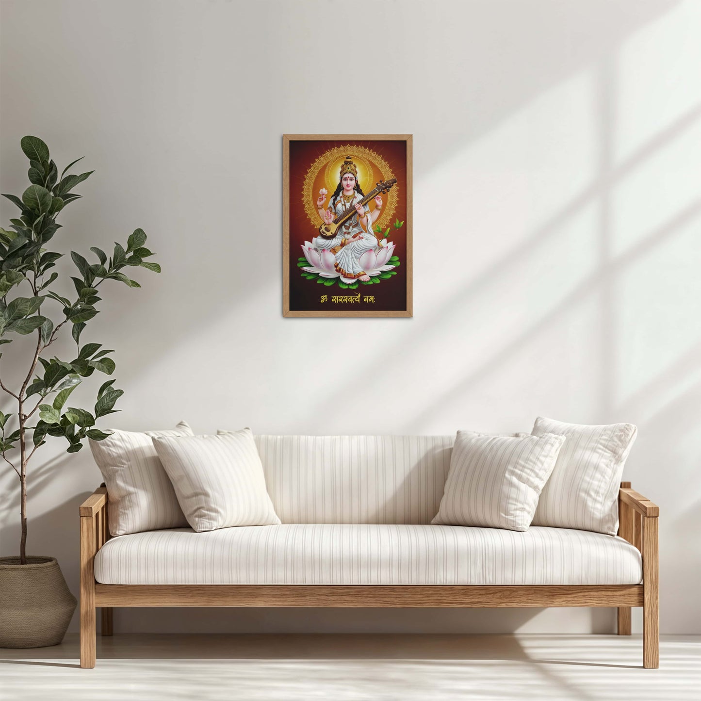 Living Room Cabinet Table Preview of Sacred Chant – Om Saraswatyey Namah Wall Frame in Natrual Color Frame