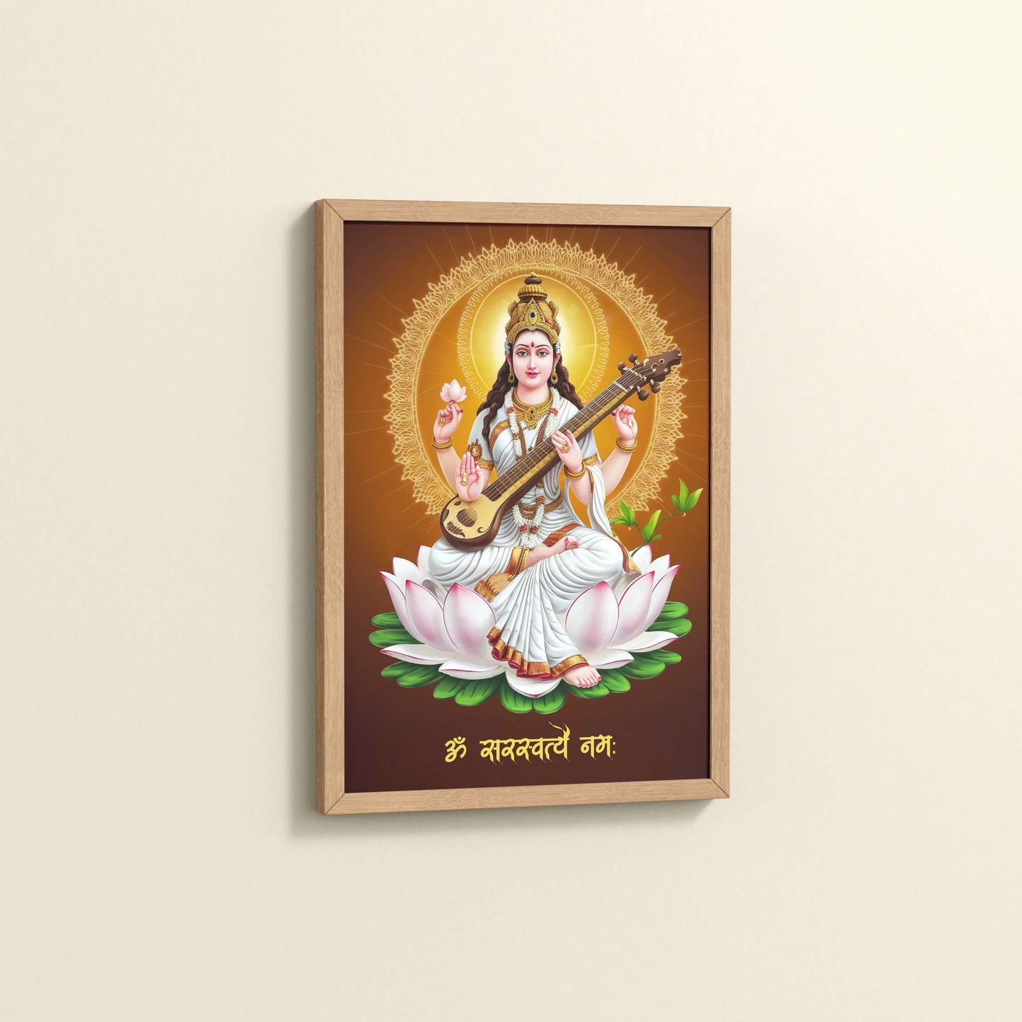 Side View of Sacred Chant – Om Saraswatyey Namah Wall Frame in Natrual Color Frame