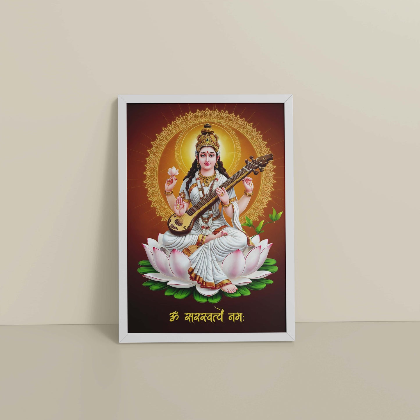Floor View of Sacred Chant – Om Saraswatyey Namah Wall Frame in White Color Frame
