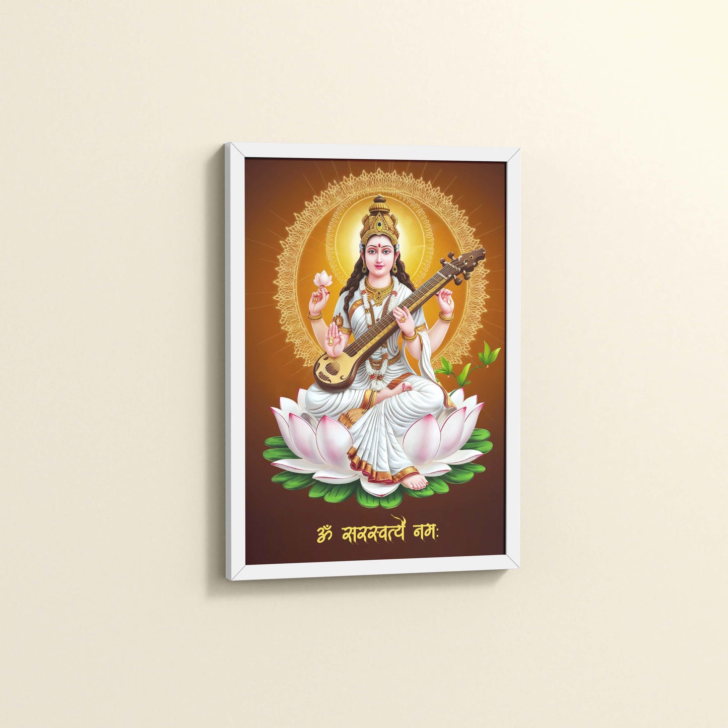 Side View of Sacred Chant – Om Saraswatyey Namah Wall Frame in White Color Frame