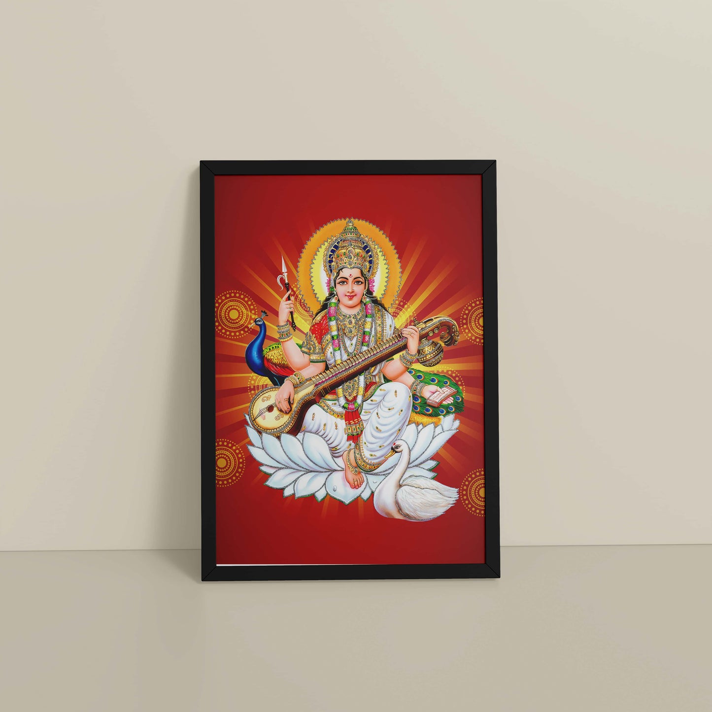 Floor View of Goddess Saraswati – Symbol of Music & Knowledge Wall Decor in Black Color Frame