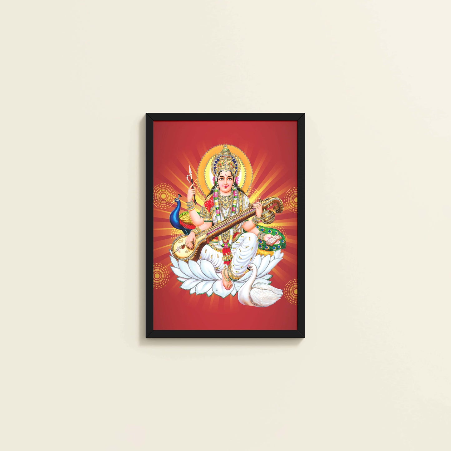 Wall View of Goddess Saraswati – Symbol of Music & Knowledge Wall Decor in Black Color Frame