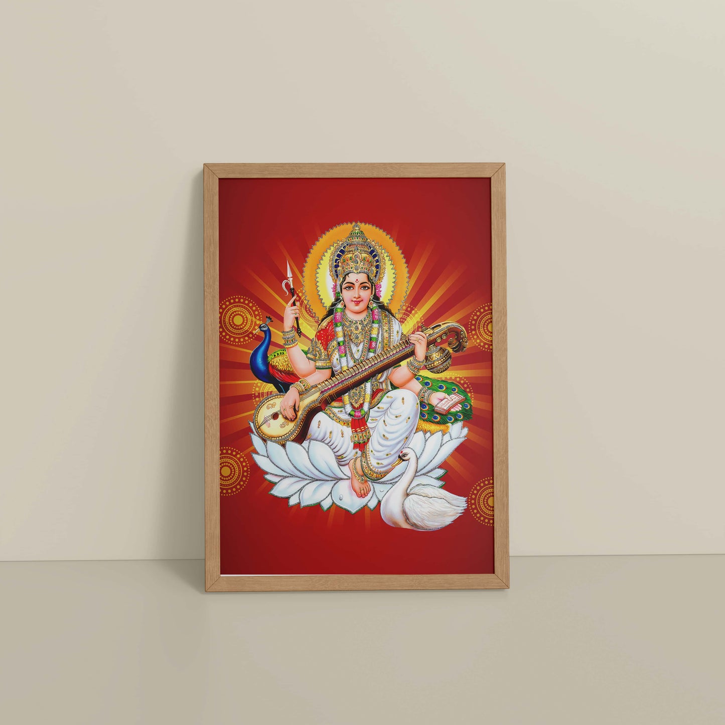 Floor View of Goddess Saraswati – Symbol of Music & Knowledge Wall Decor in Natrual Color Frame