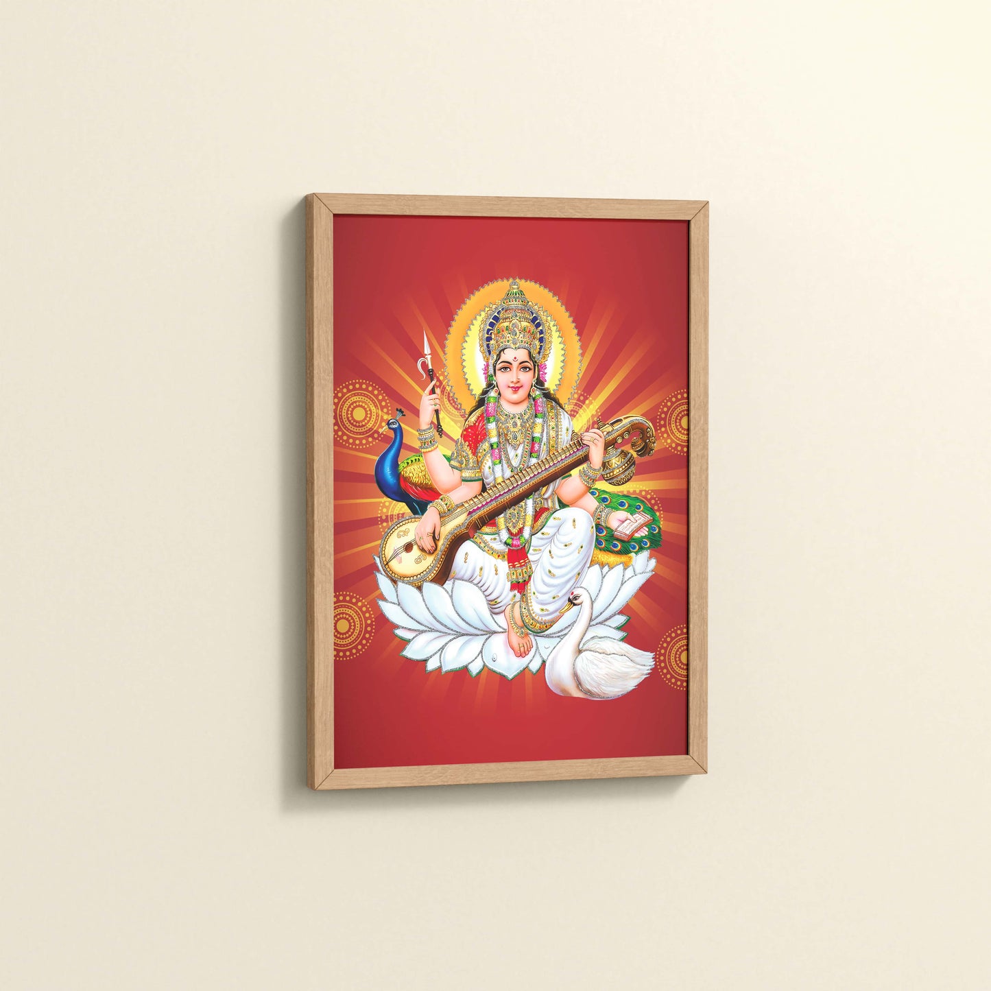 Side View of Goddess Saraswati – Symbol of Music & Knowledge Wall Decor in Natrual Color Frame