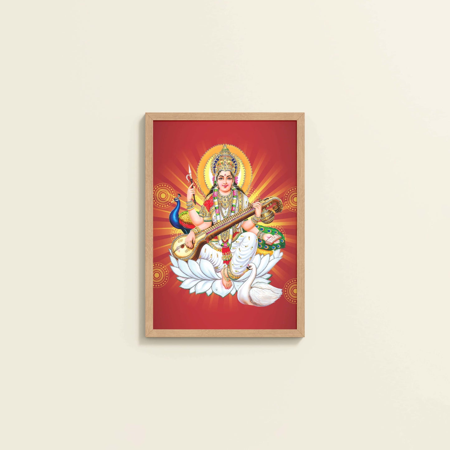 Wall View of Goddess Saraswati – Symbol of Music & Knowledge Wall Decor in Natrual Color Frame