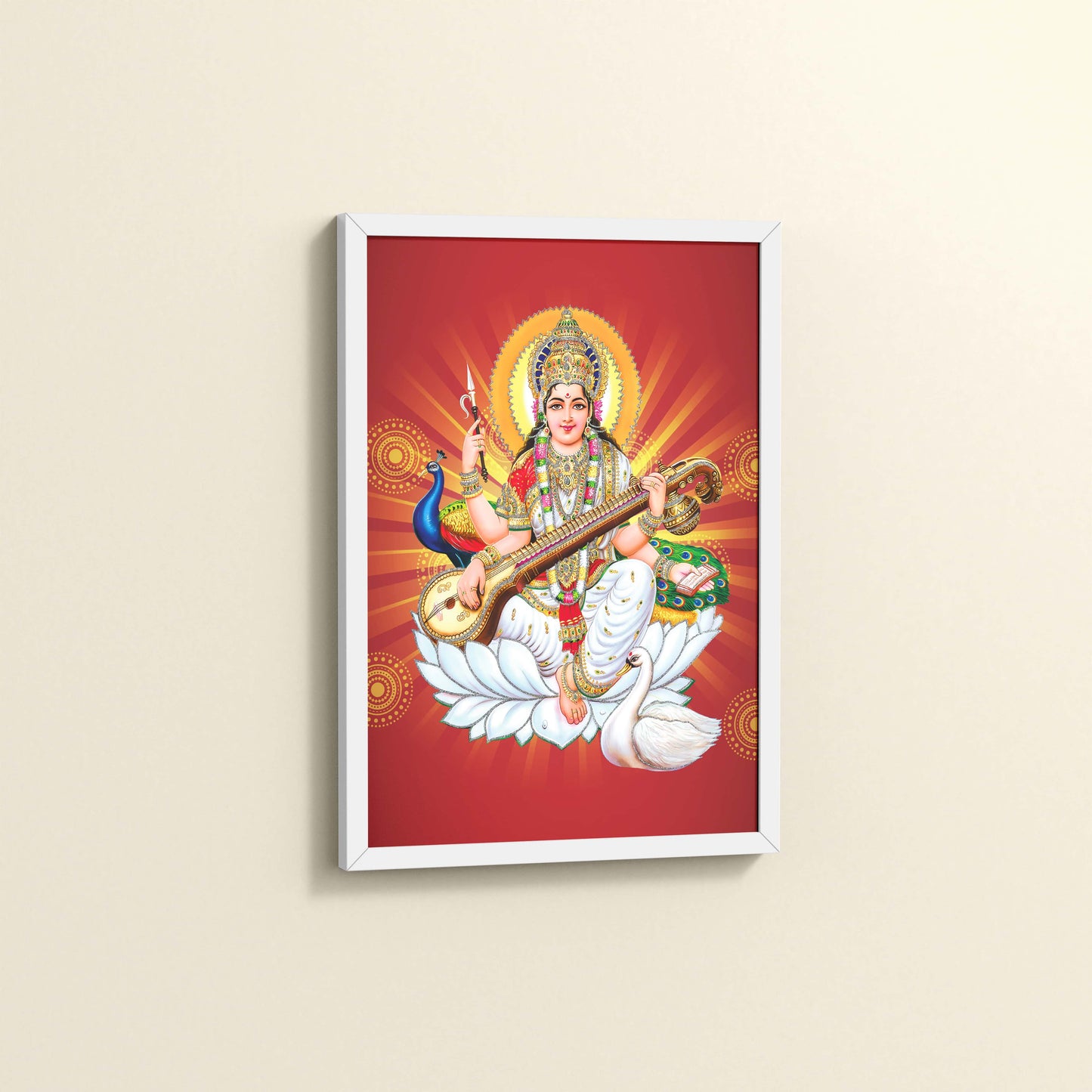 Side View of Goddess Saraswati – Symbol of Music & Knowledge Wall Decor in White Color Frame