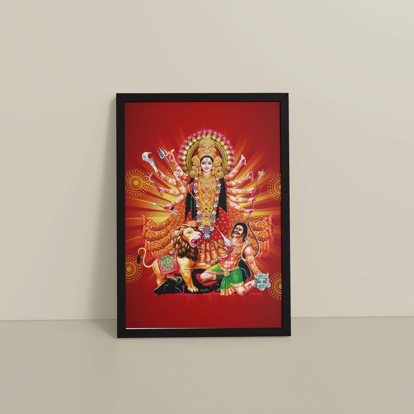 Floor View of Maa Durga – Symbol of Power & Protection Wall Art in Black Color Frame