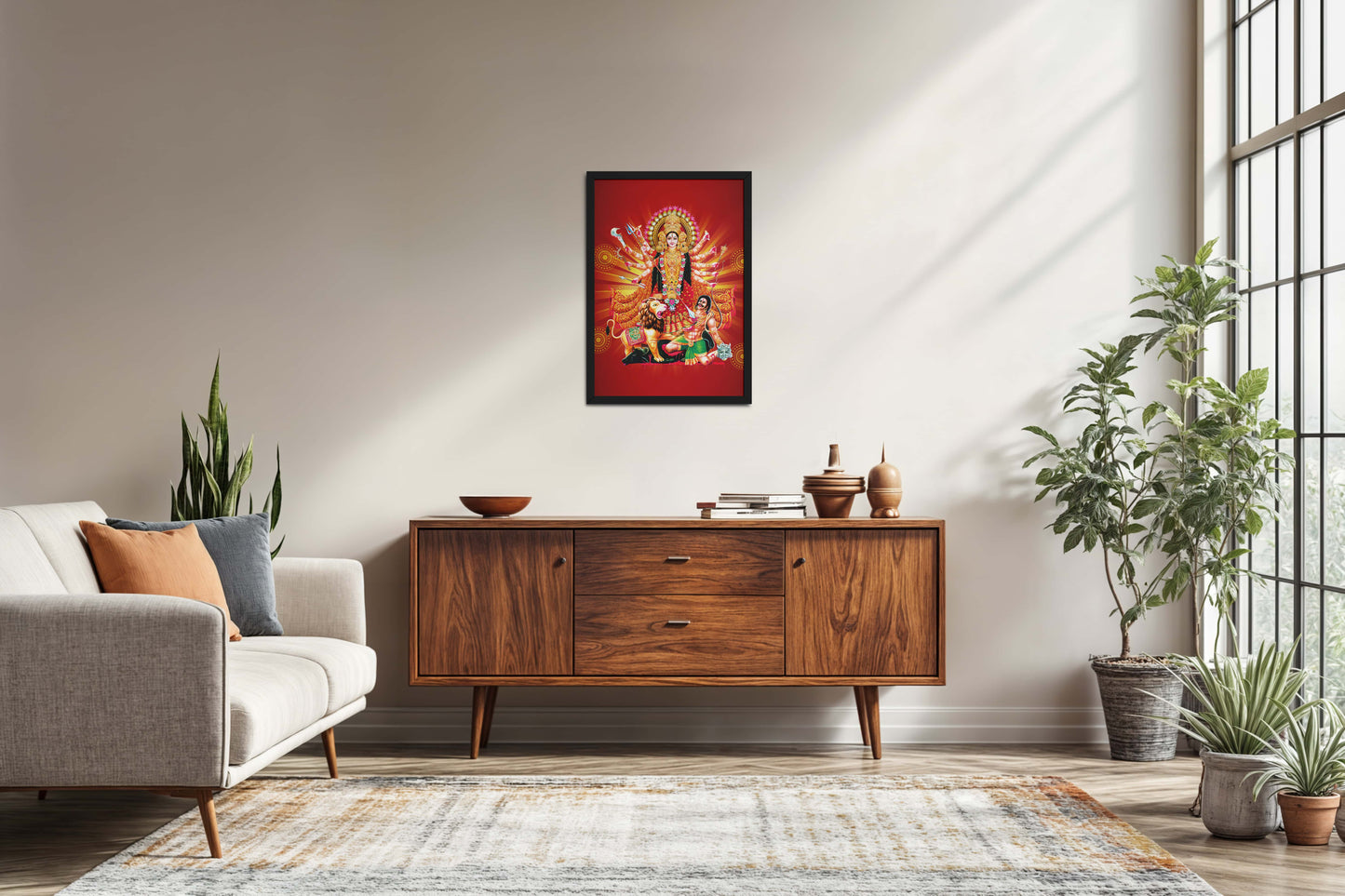 Living Room Sofa Preview of Maa Durga – Symbol of Power & Protection Wall Art in Black Color Frame