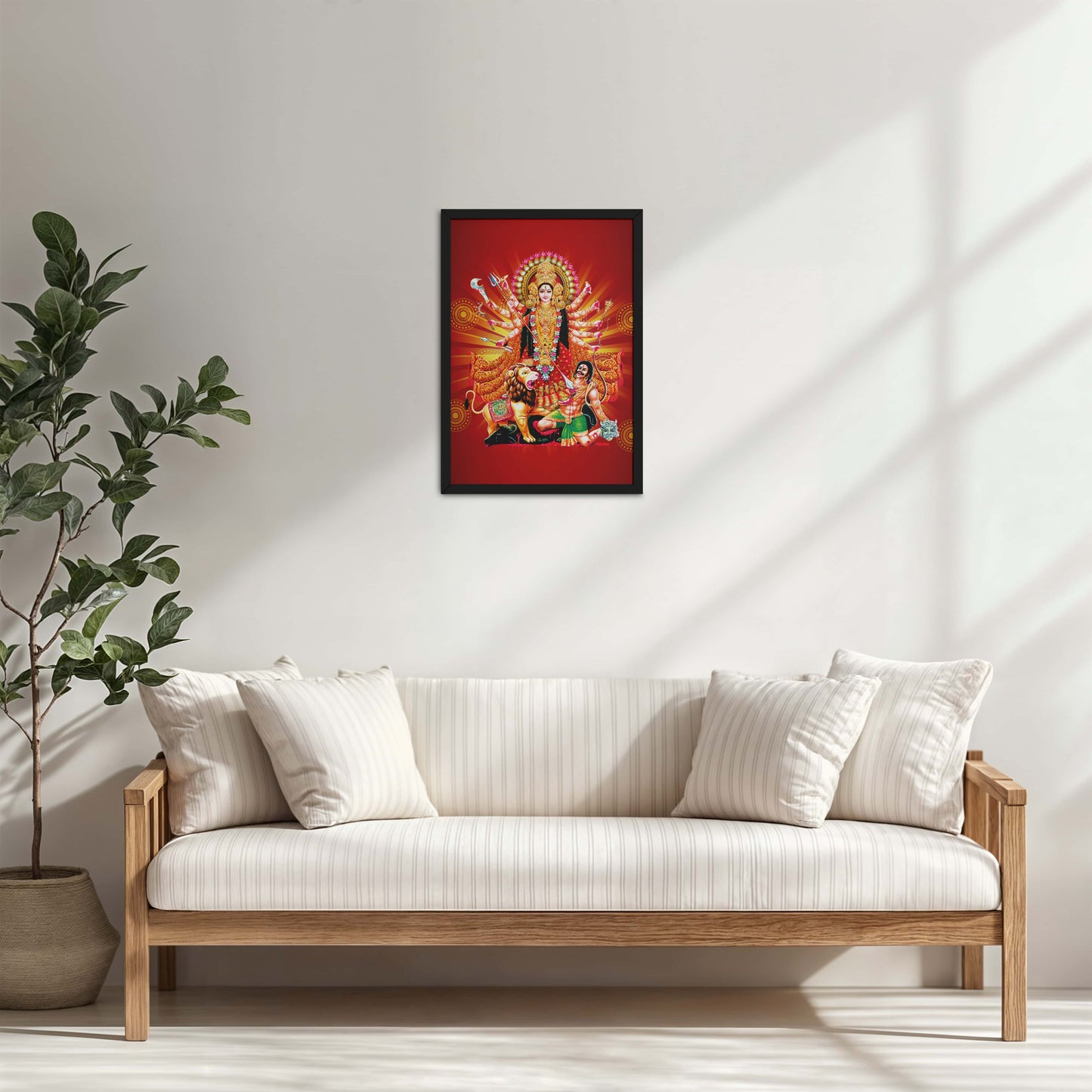 Living Room Cabinet Table Preview of Maa Durga – Symbol of Power & Protection Wall Art in Black Color Frame