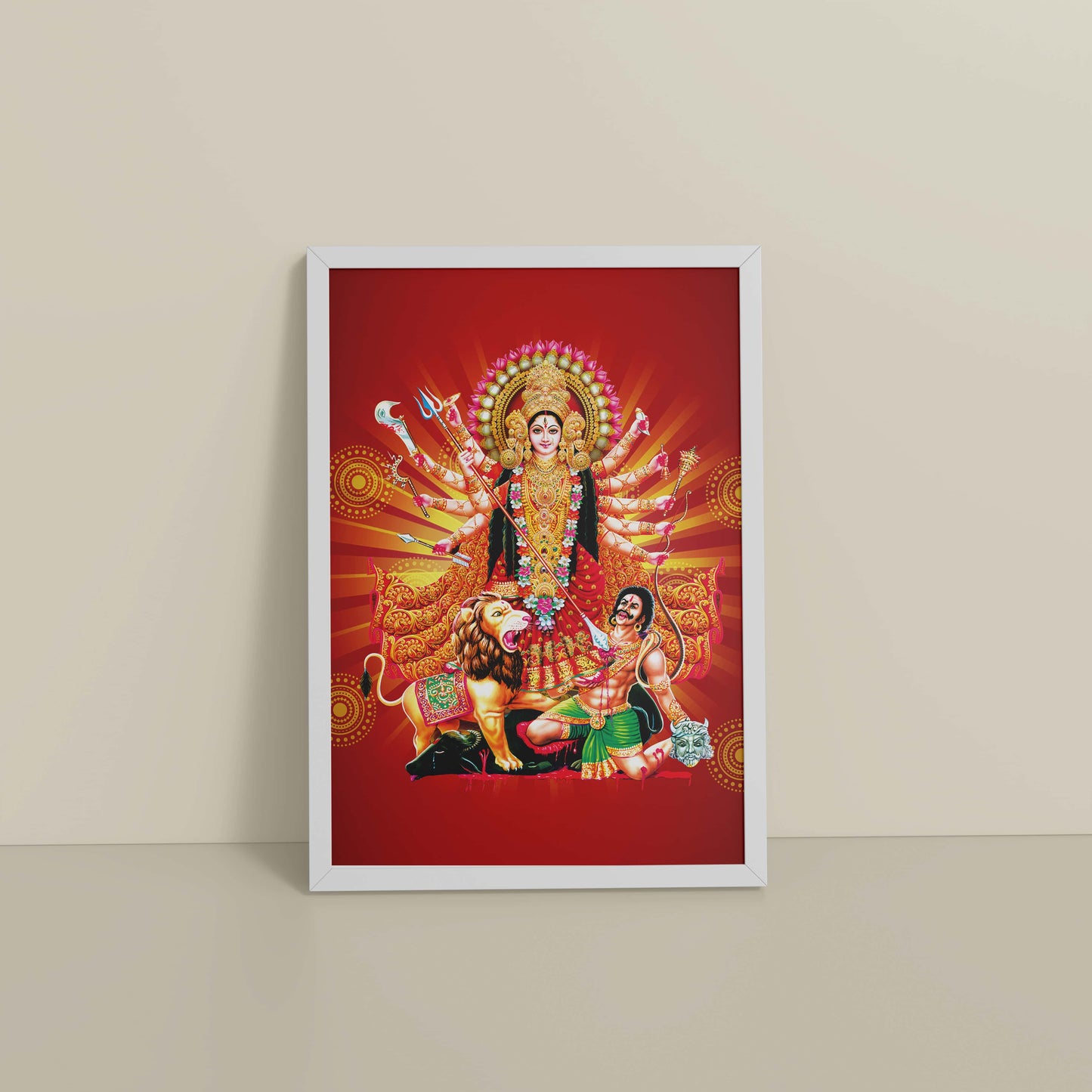 Floor View of Maa Durga – Symbol of Power & Protection Wall Art in White Color Frame
