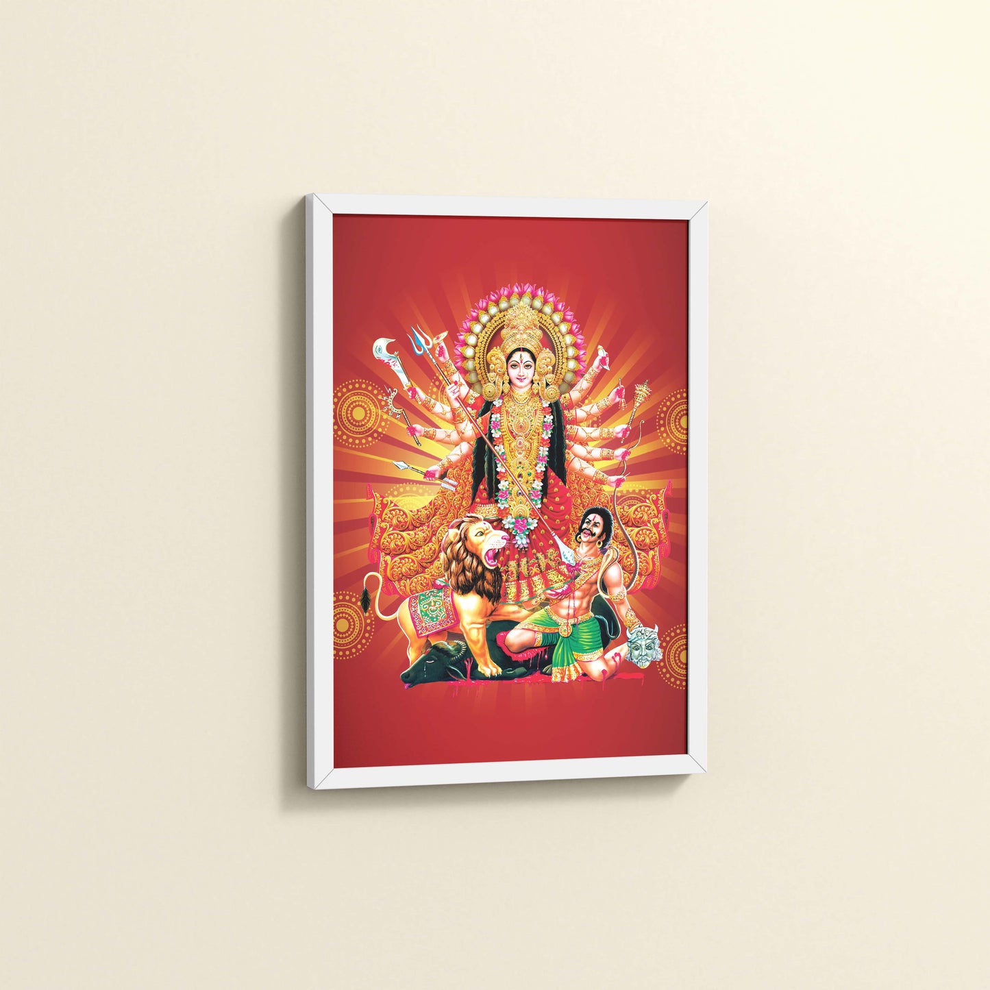 Side View of Maa Durga – Symbol of Power & Protection Wall Art in White Color Frame