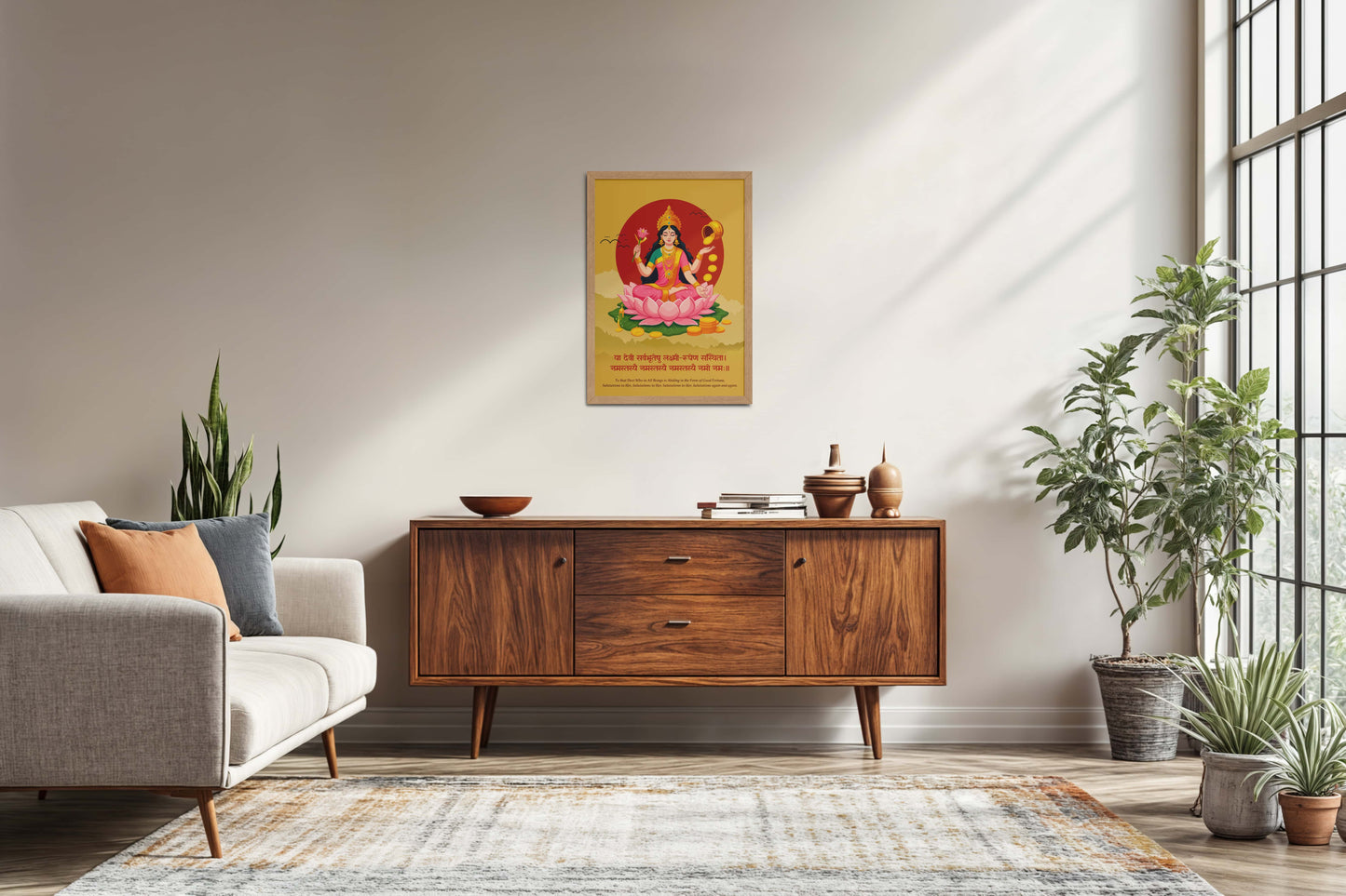 Living Room Sofa Preview of Hare Krishna Vibes – Bal Krishna Spiritual Wall Art & Decor in Natrual Color Frame