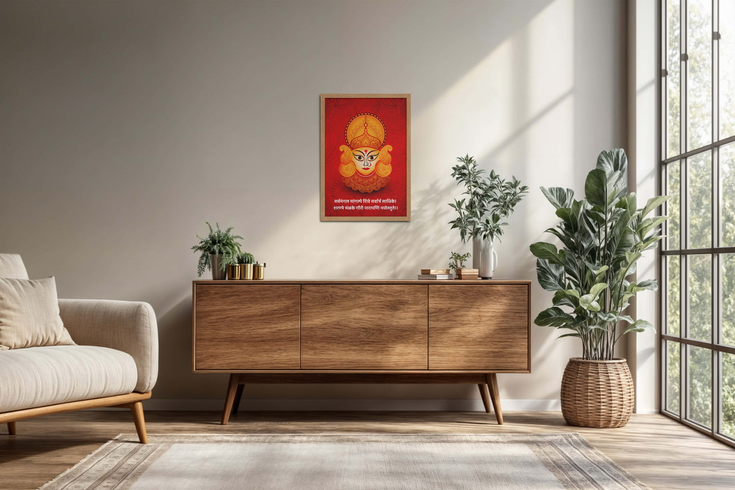 Living Room Cabinet Preview of Hare Krishna Vibes – Bal Krishna Spiritual Wall Art & Decor in Natrual Color Frame