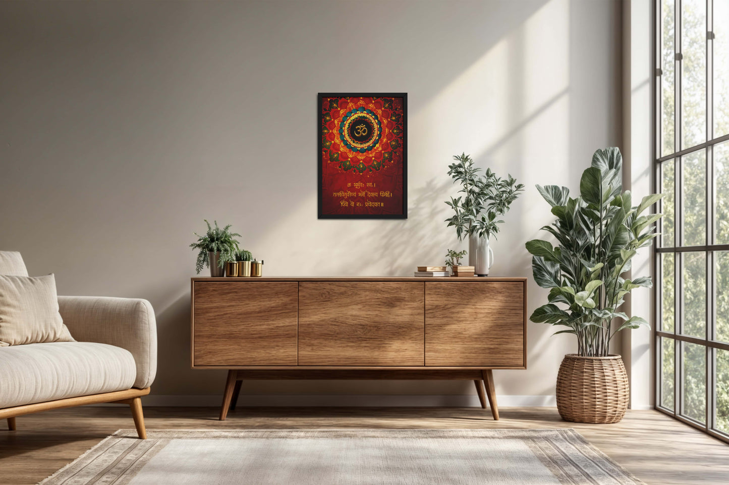 Living Room Cabinet Preview of Sacred Chant – Eternal Gayatri Mantra with Om Wall Art in Black Color Frame