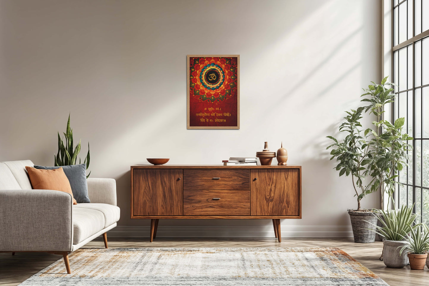 Living Room Sofa Preview of Sacred Chant – Eternal Gayatri Mantra with Om Wall Art in Natrual Color Frame