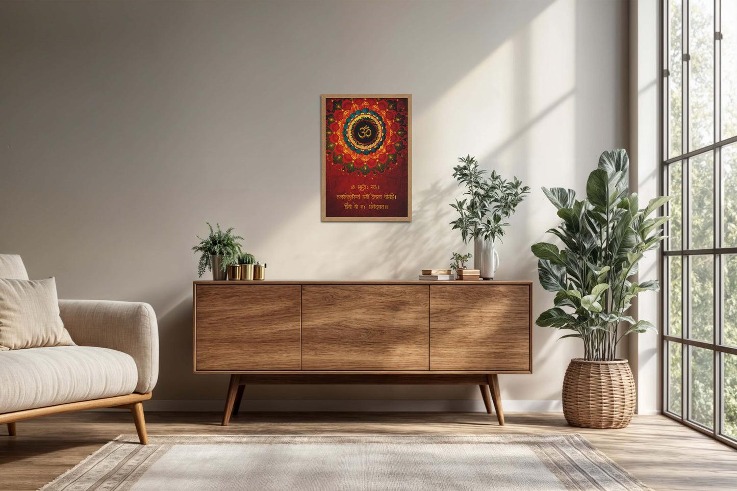 Living Room Cabinet Preview of Sacred Chant – Eternal Gayatri Mantra with Om Wall Art in Natrual Color Frame