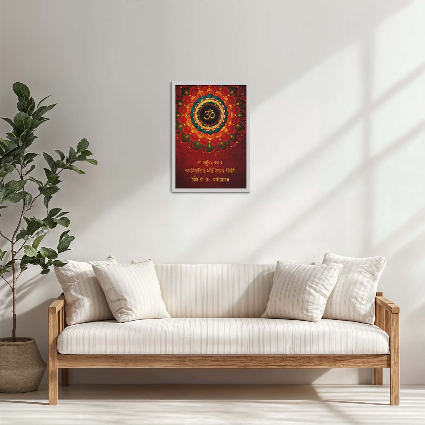 Living Room Cabinet Table Preview of Sacred Chant – Eternal Gayatri Mantra with Om Wall Art in White Color Frame