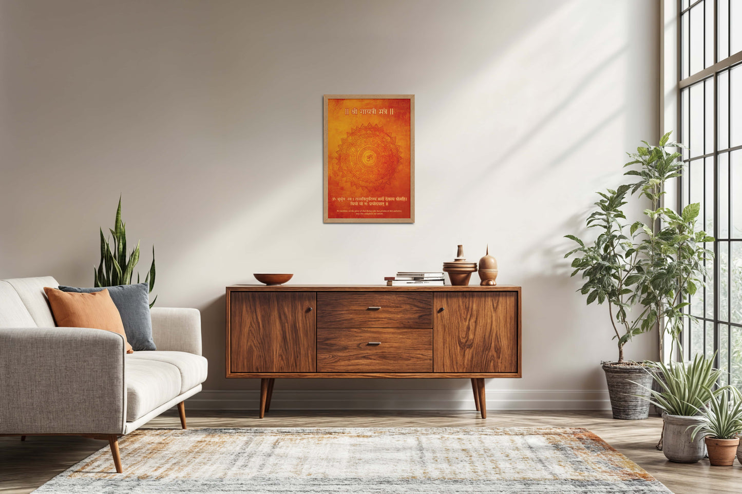 Living Room Sofa Preview of Om Shanti – Gayatri Mantra Meditation Wall Frame in Natrual Color Frame