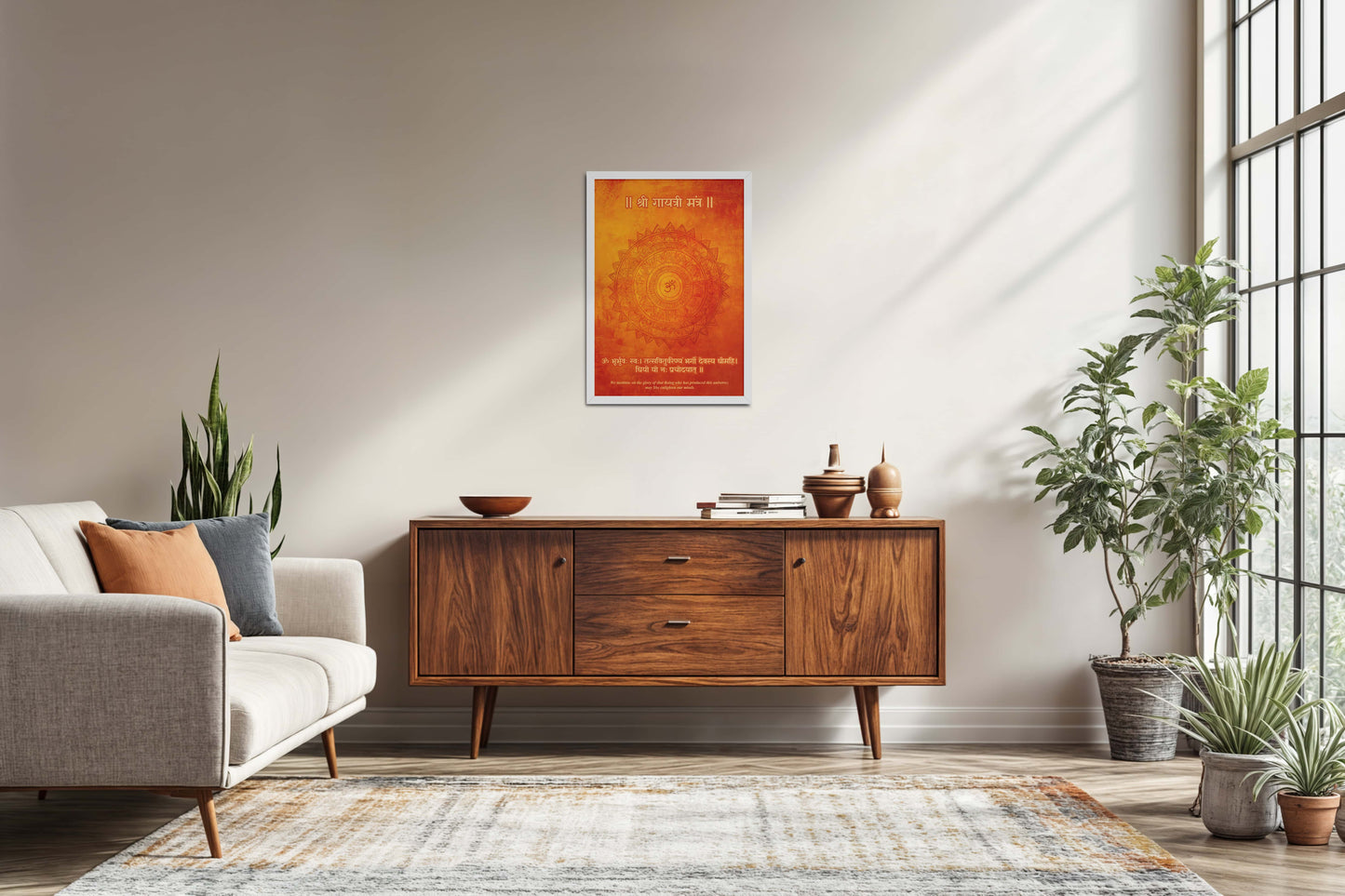Living Room Sofa Preview of Om Shanti – Gayatri Mantra Meditation Wall Frame in White Color Frame